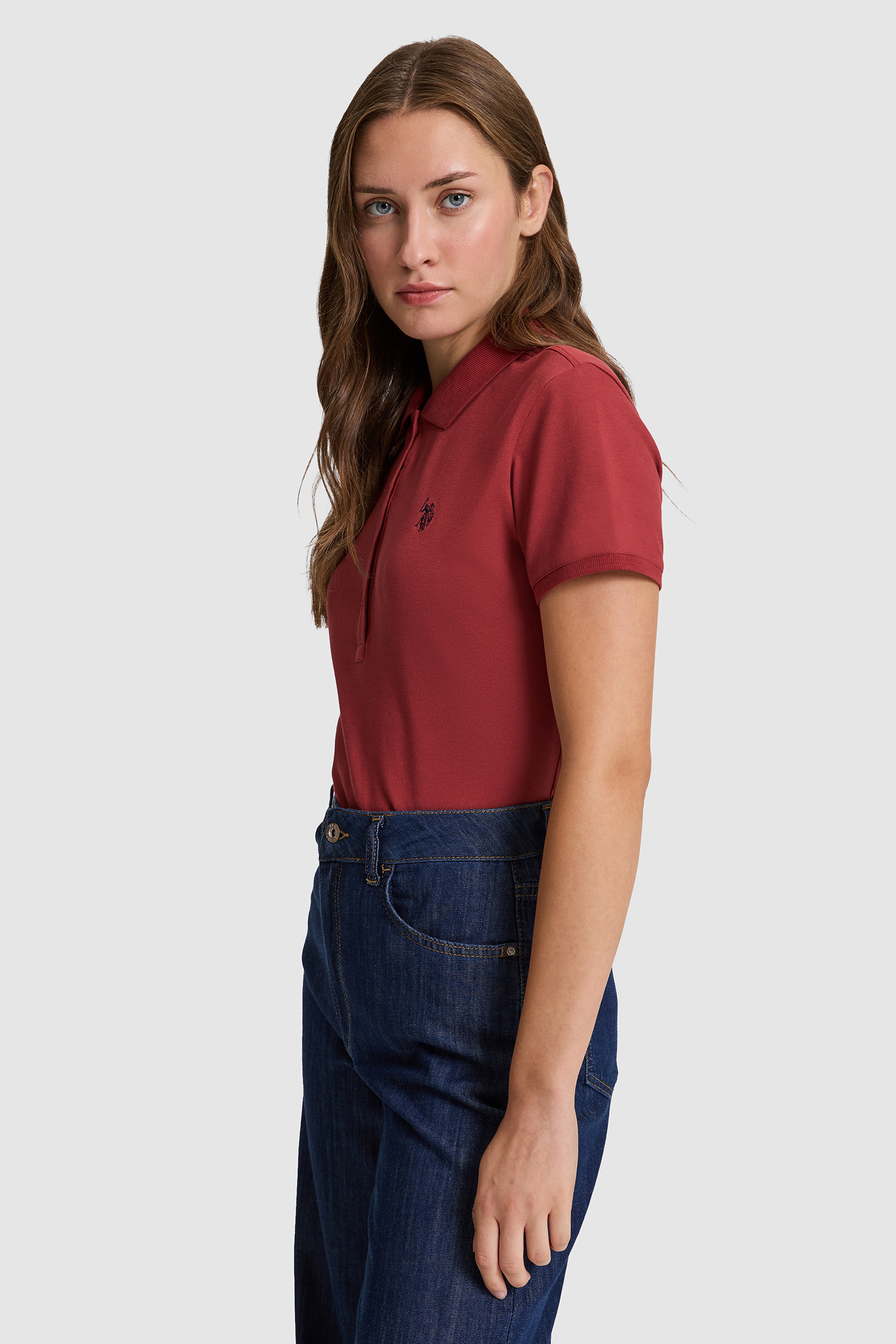 Kadın Vişne Polo Yaka Basic Tişört - Image 3