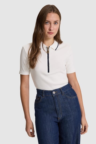 Kadın Krem Polo Yaka Fermuar Detaylı Tişört