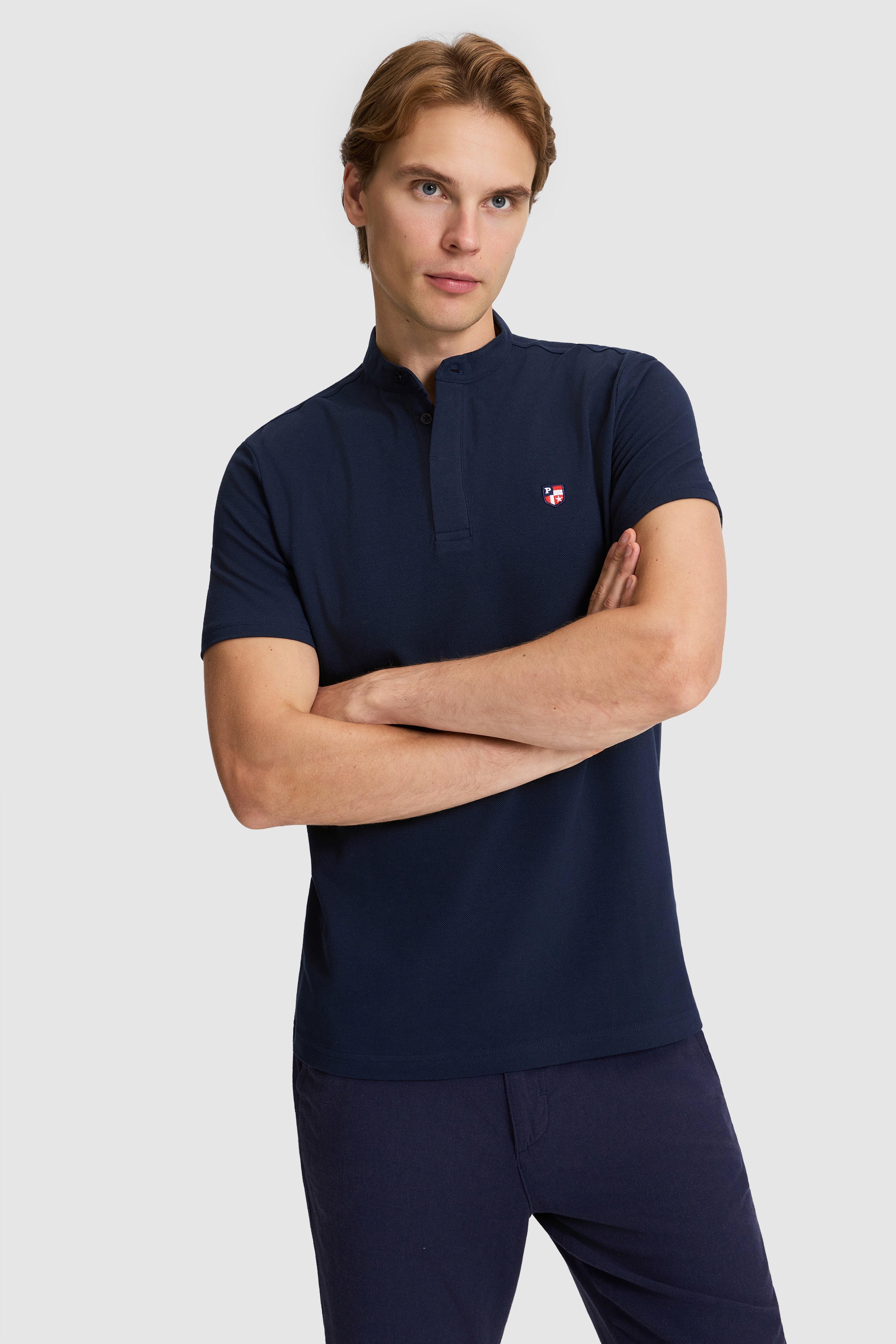 Erkek Lacivert Regular Fit Hakim Yaka Basic Tişört