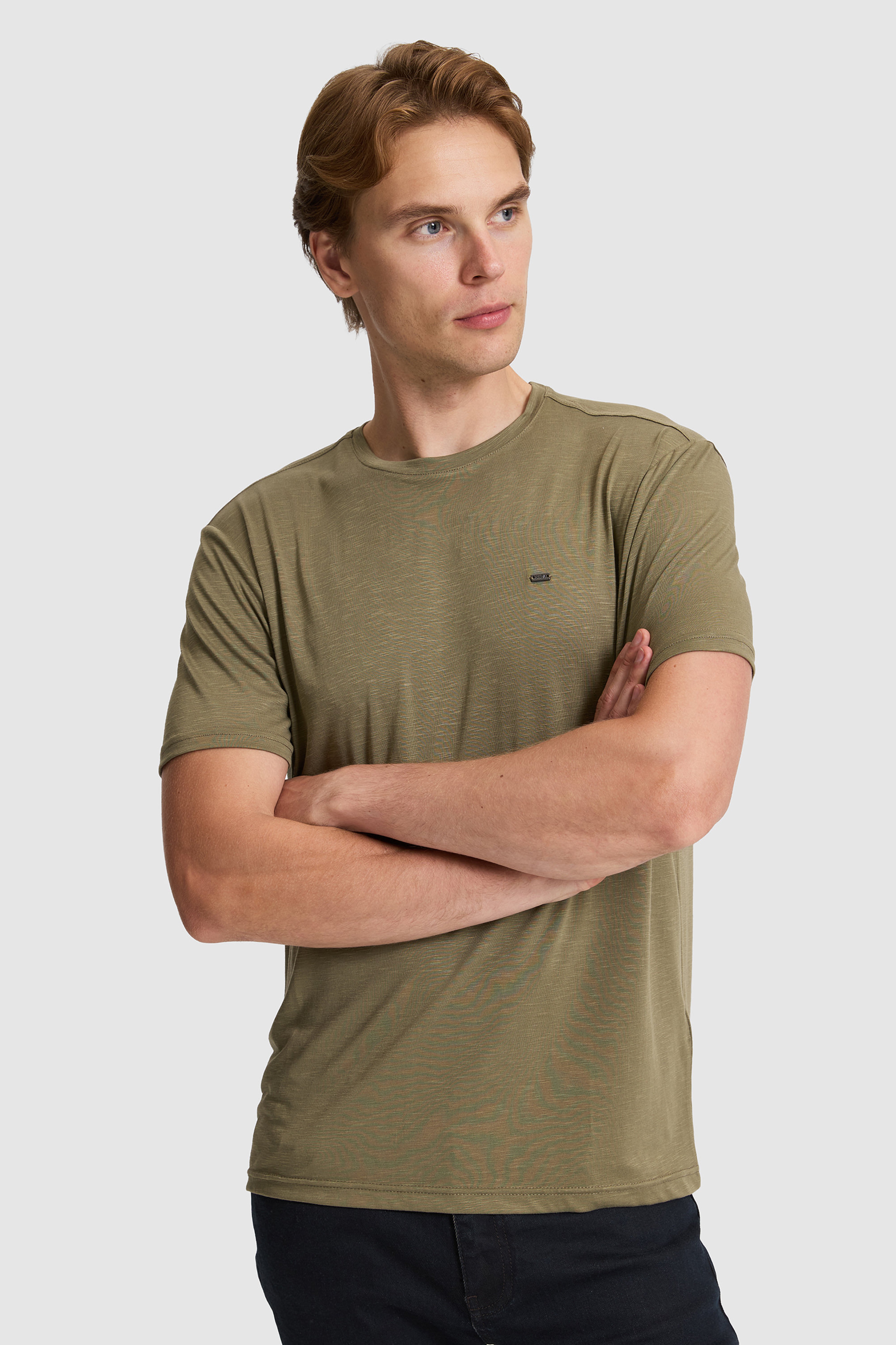 Erkek Haki Regular Fit Bisiklet Yaka Basic Tişört - Image 3