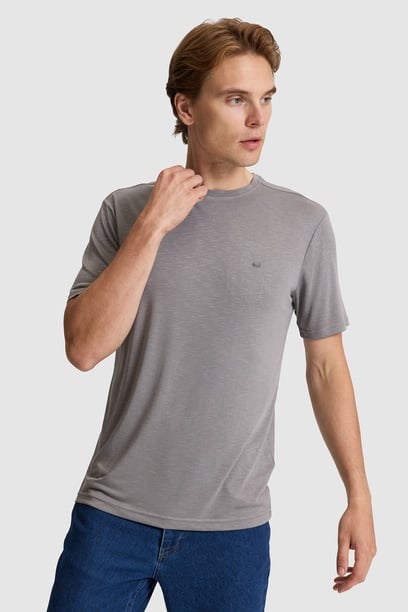Erkek Gri Regular Fit Bisiklet Yaka Basic Tişört