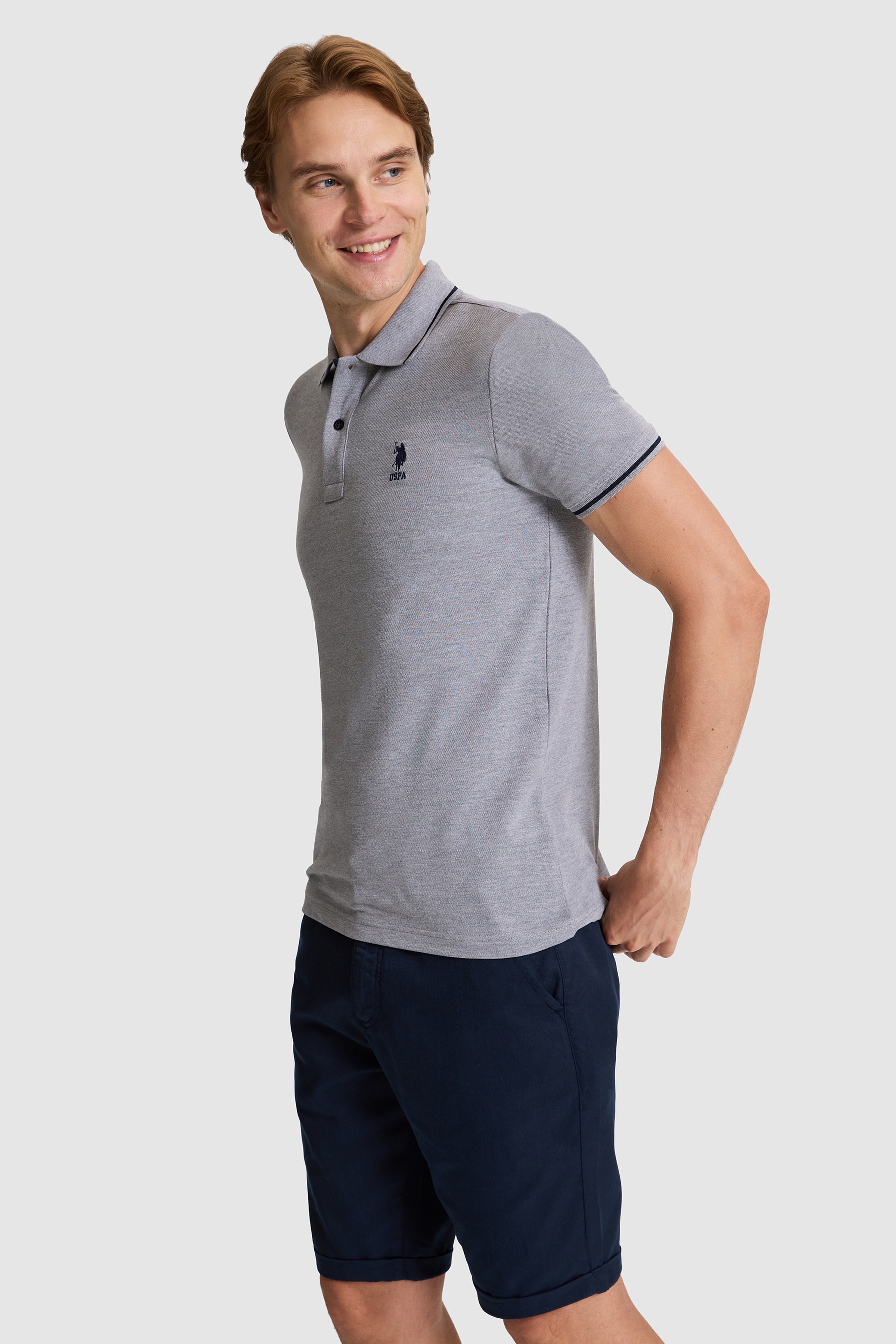 Erkek Gri Melanj Slim Fit Polo Yaka Basic Tişört