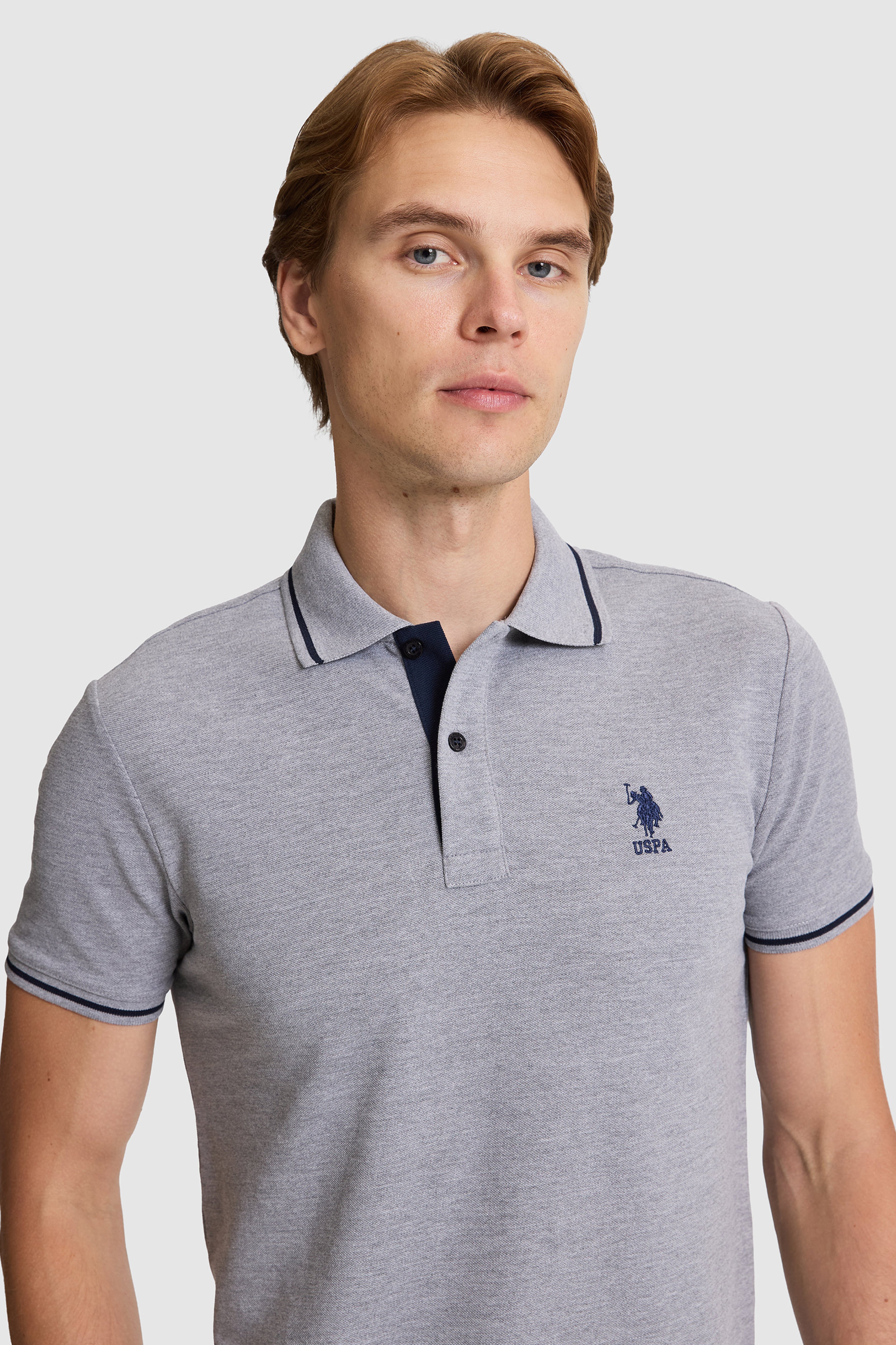 Erkek Gri Melanj Slim Fit Polo Yaka Basic Tişört - Image 2