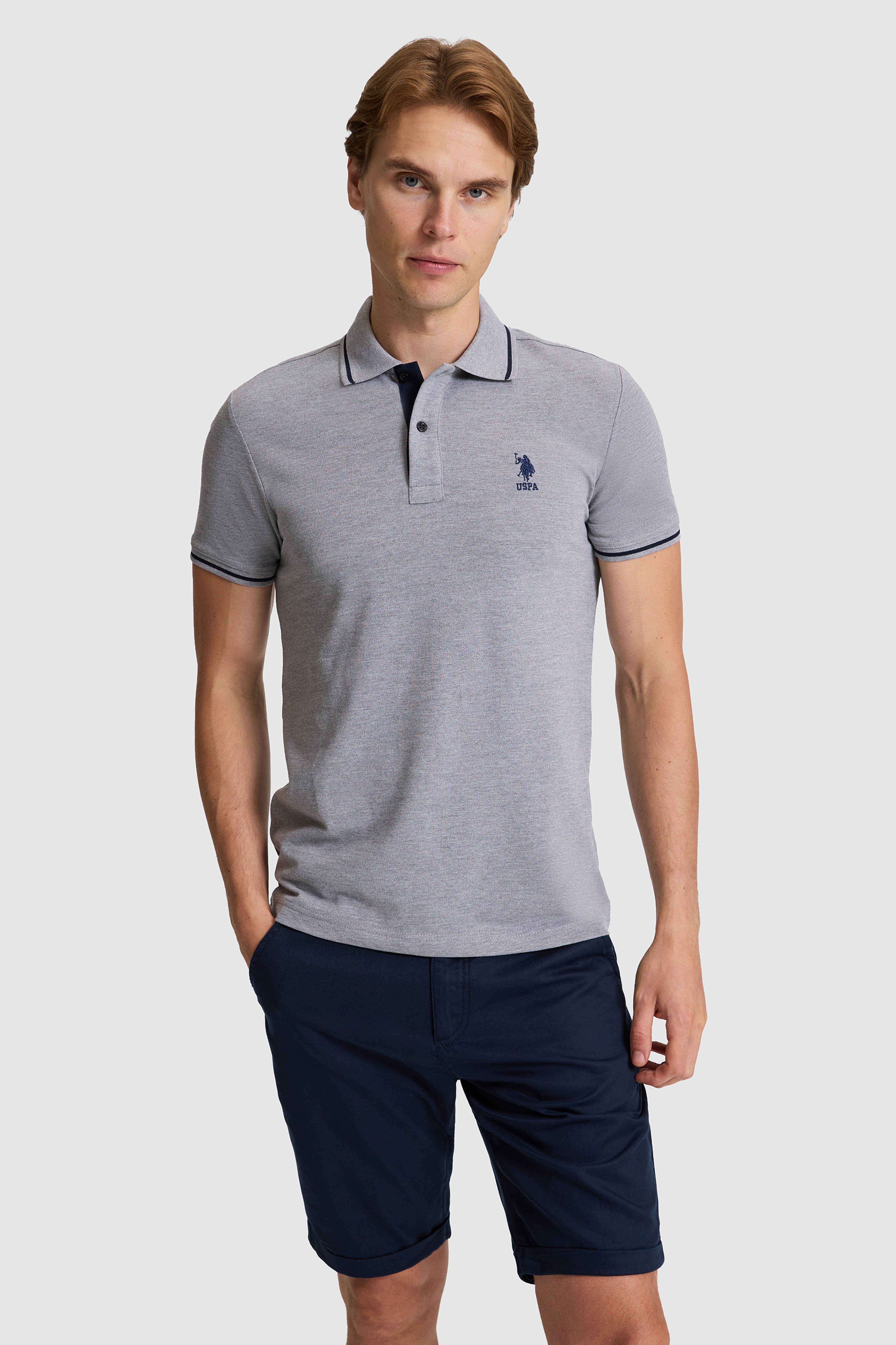 Erkek Gri Melanj Slim Fit Polo Yaka Basic Tişört - Image 1