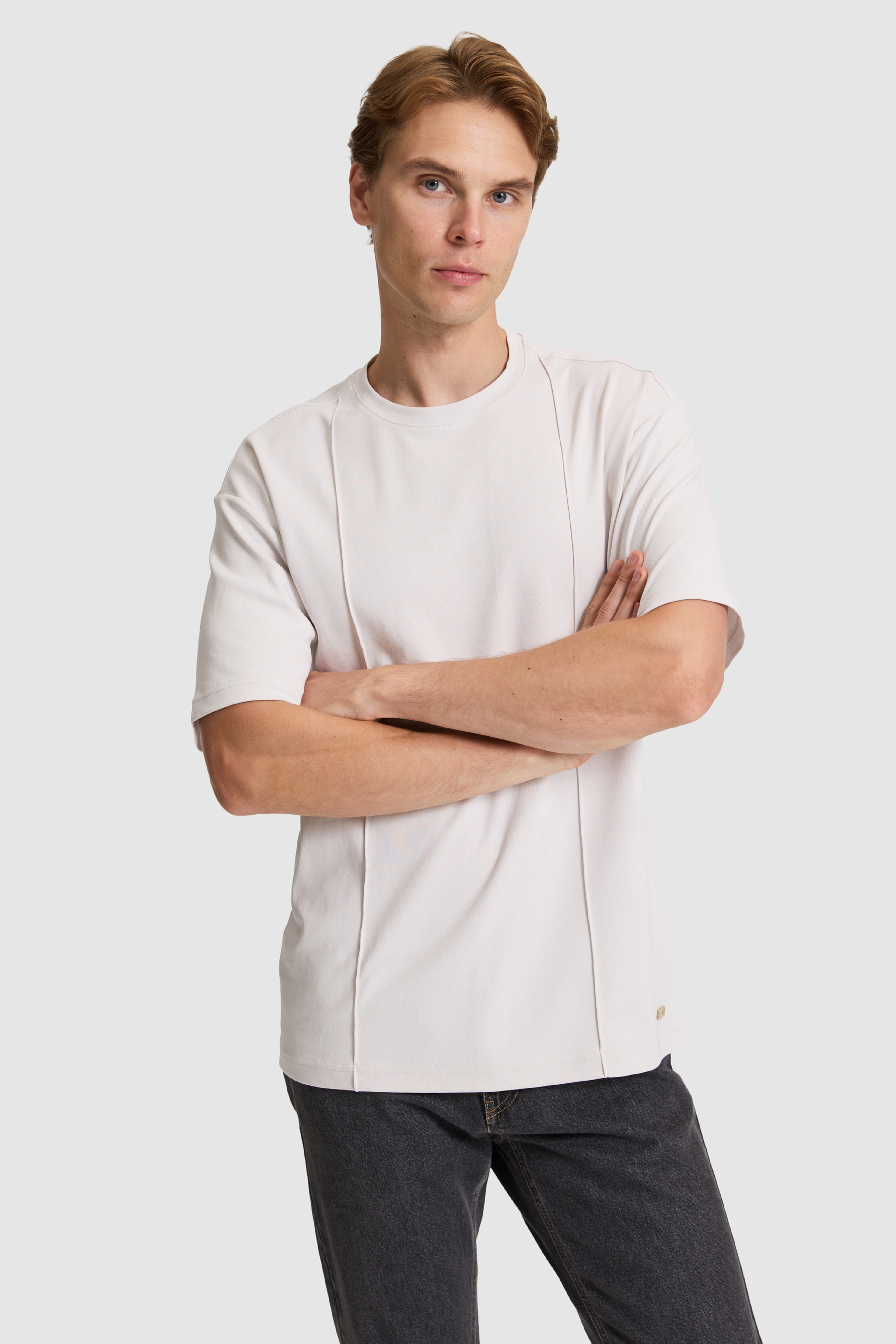 Erkek Açık Gri Comfort Fit Bisiklet Yaka Tişört - Image 1