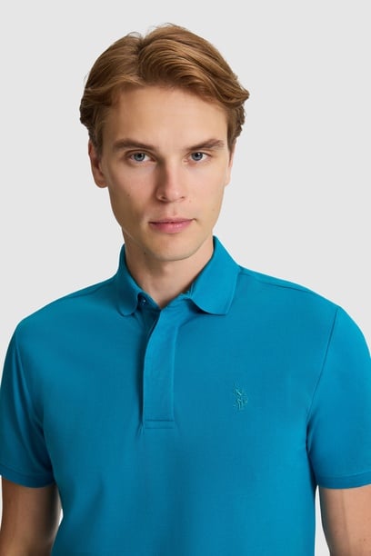 Erkek Petrol Slim Fit Polo Yaka Basic Tişört