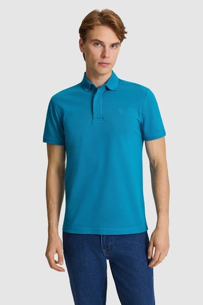 Erkek Petrol Slim Fit Polo Yaka Basic Tişört