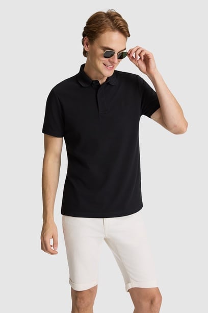Erkek Siyah Slim Fit Polo Yaka Basic Tişört