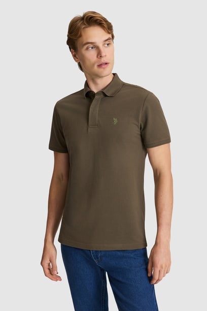 Erkek Koyu Haki Slim Fit Polo Yaka Basic Tişört