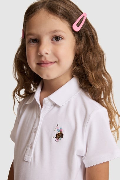 Kız Çocuk Beyaz Polo Yaka Basic Tişört