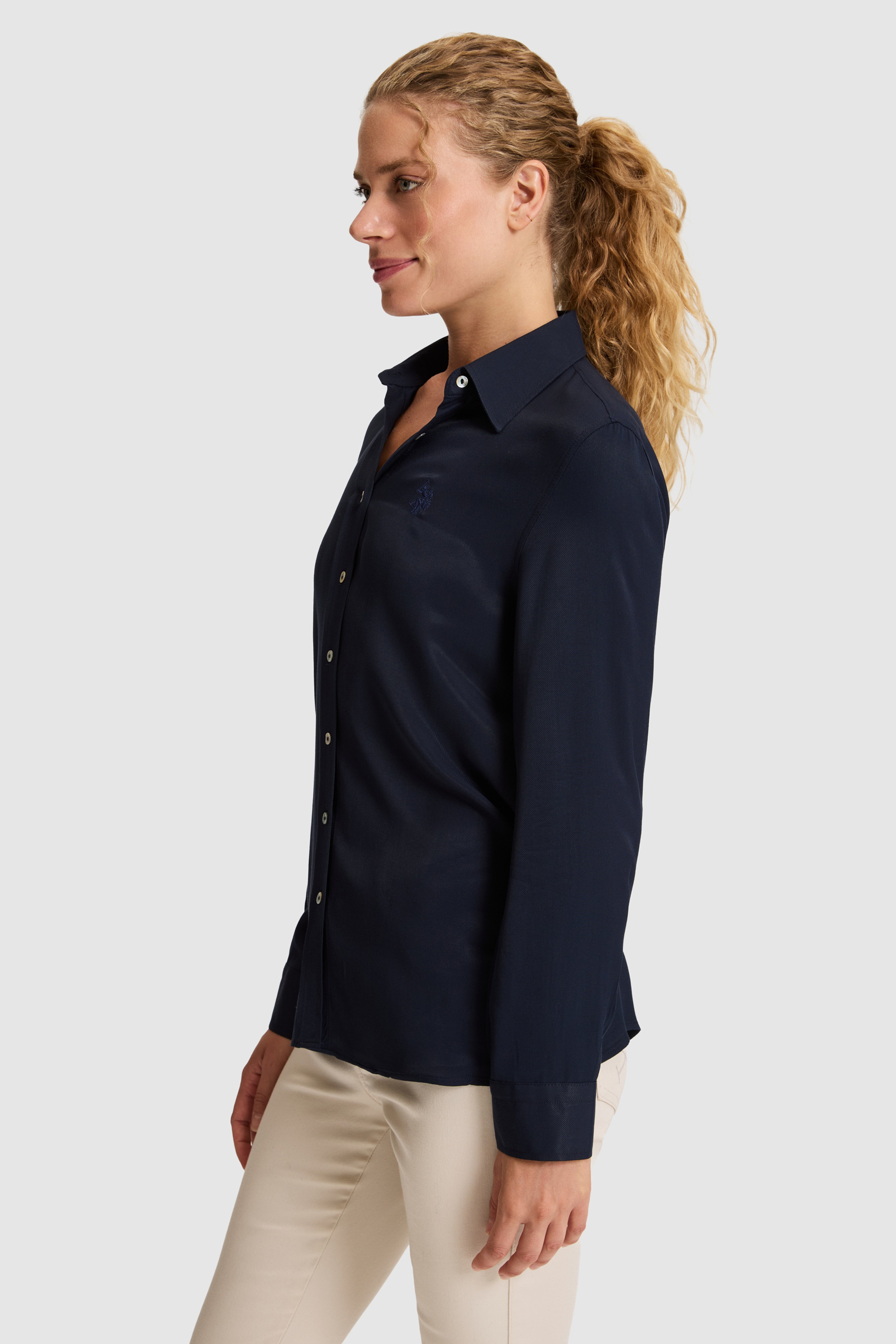 Kadın Lacivert Uzun Kollu Basic Gömlek - Image 3