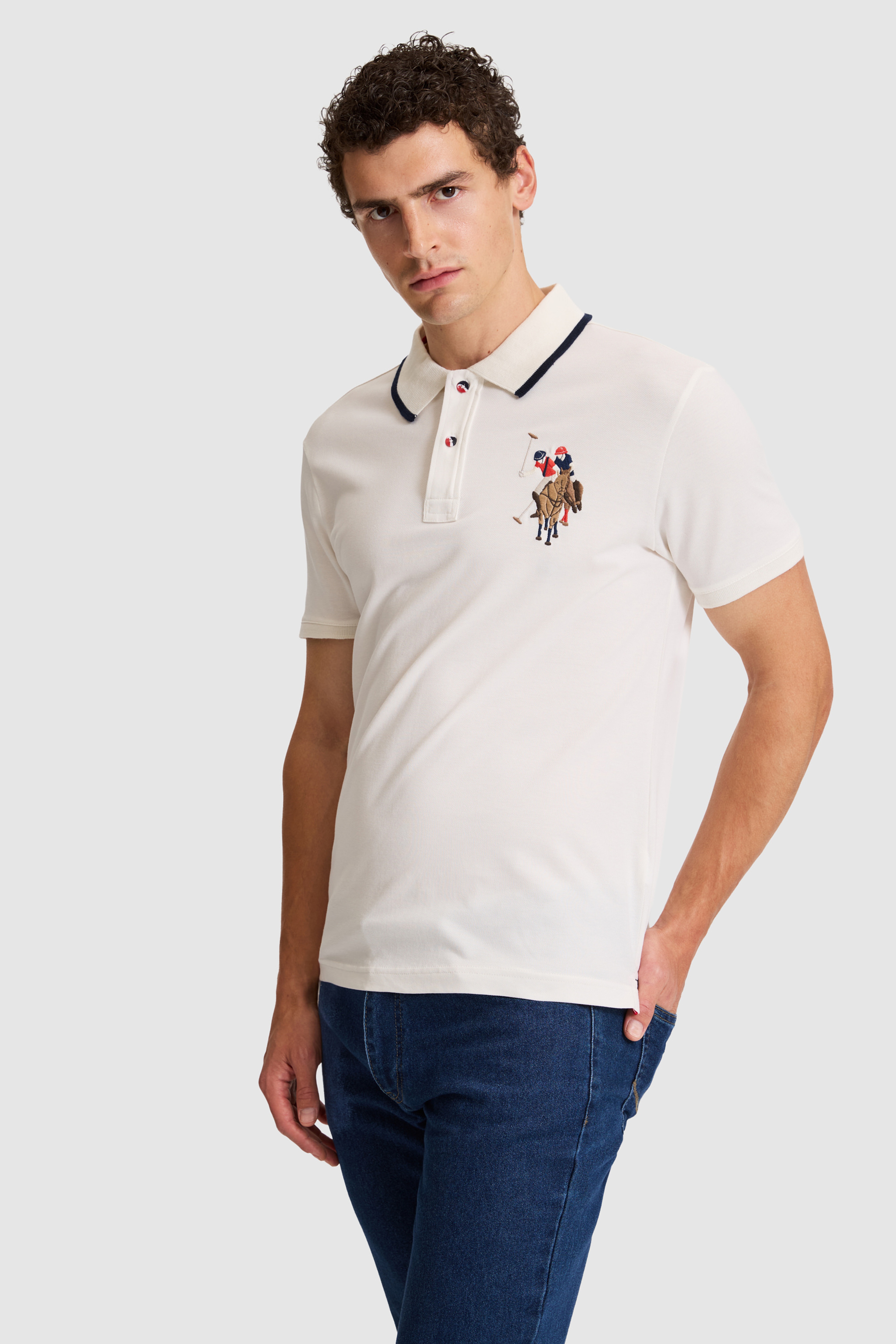 Erkek Beyaz Slim Fit Polo Yaka Basic Tişört - Image 3