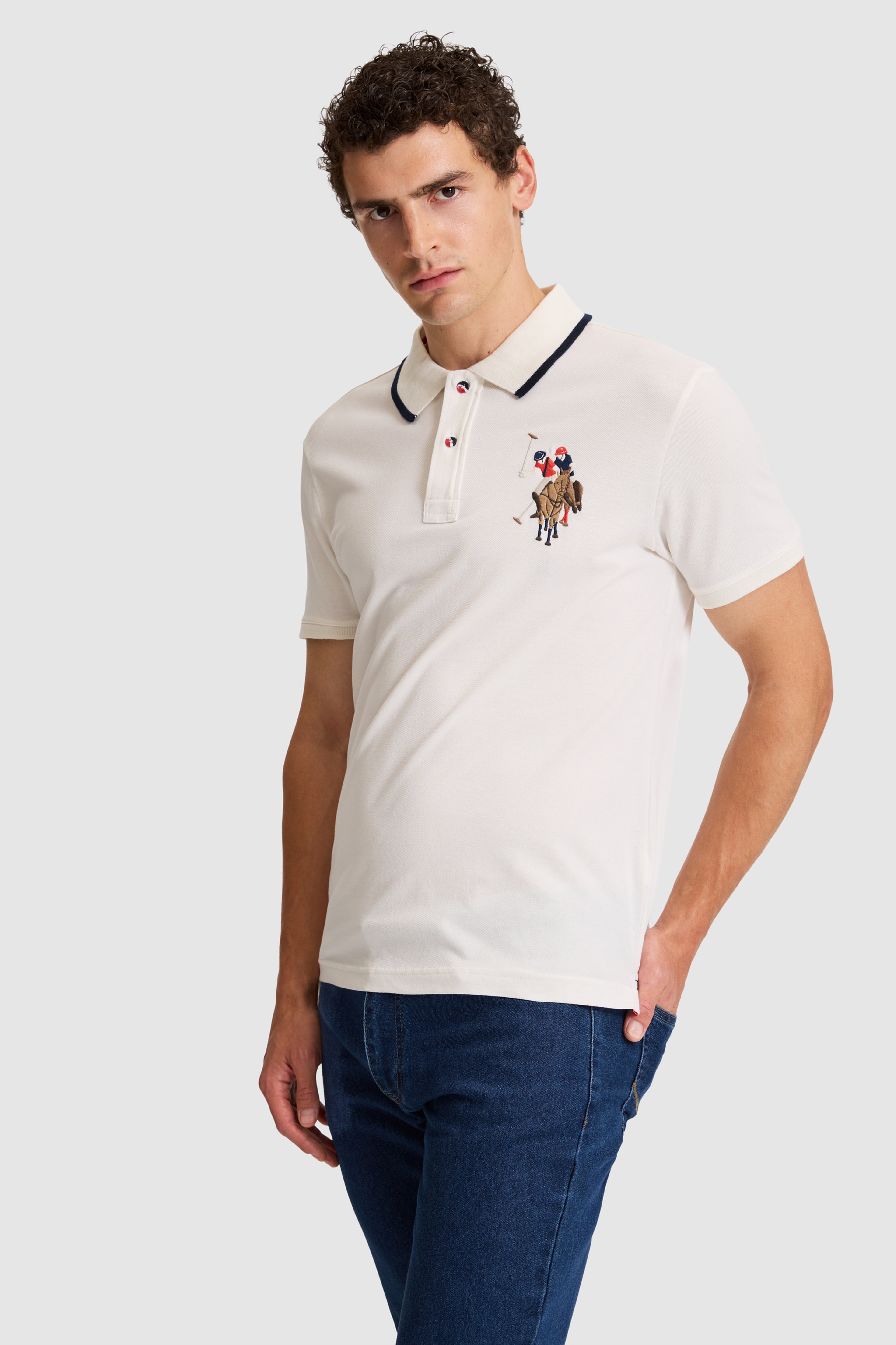 Erkek Beyaz Slim Fit Polo Yaka Basic Tişört