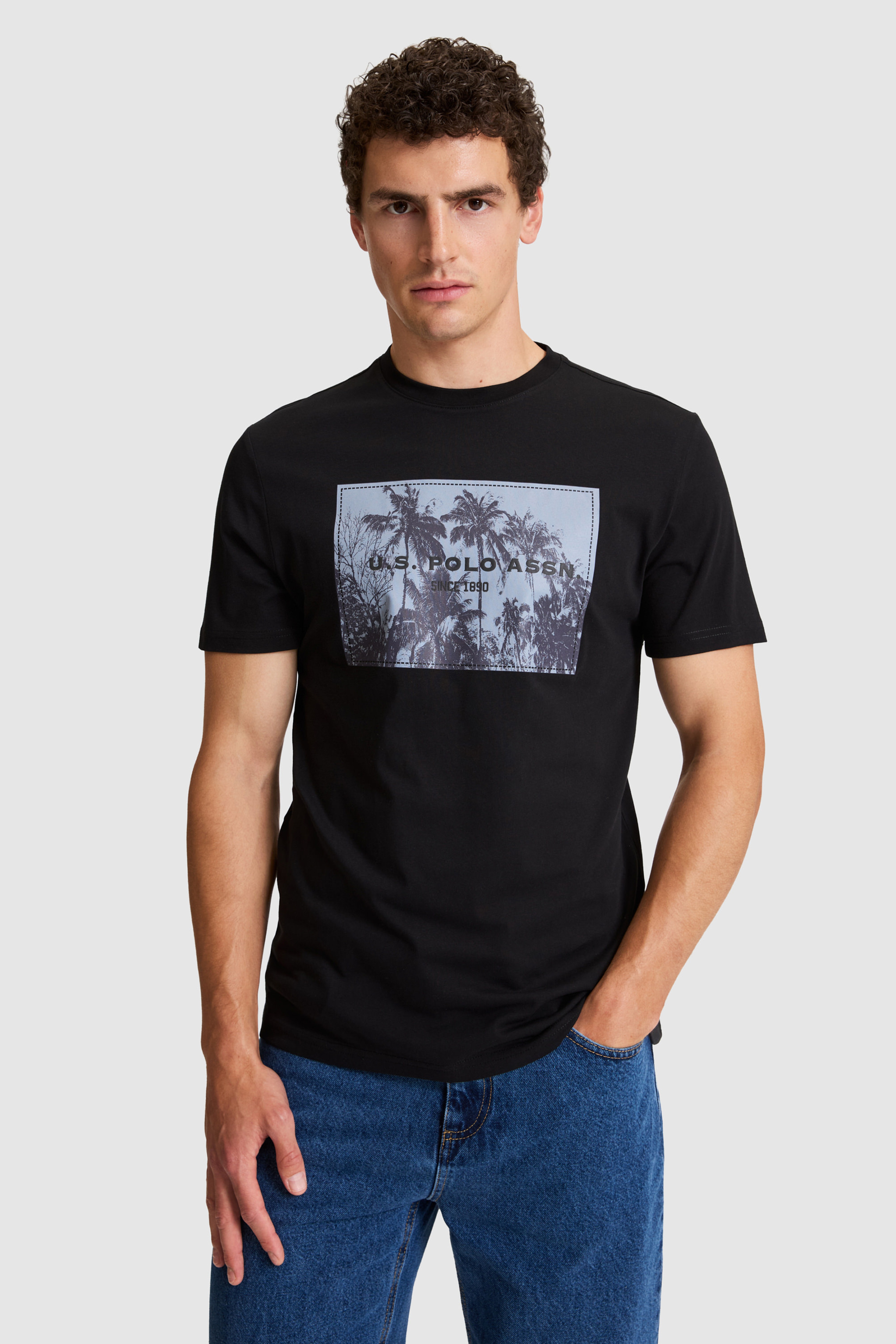 Erkek Siyah Regular Fit Bisiklet Yaka Tişört - Image 1