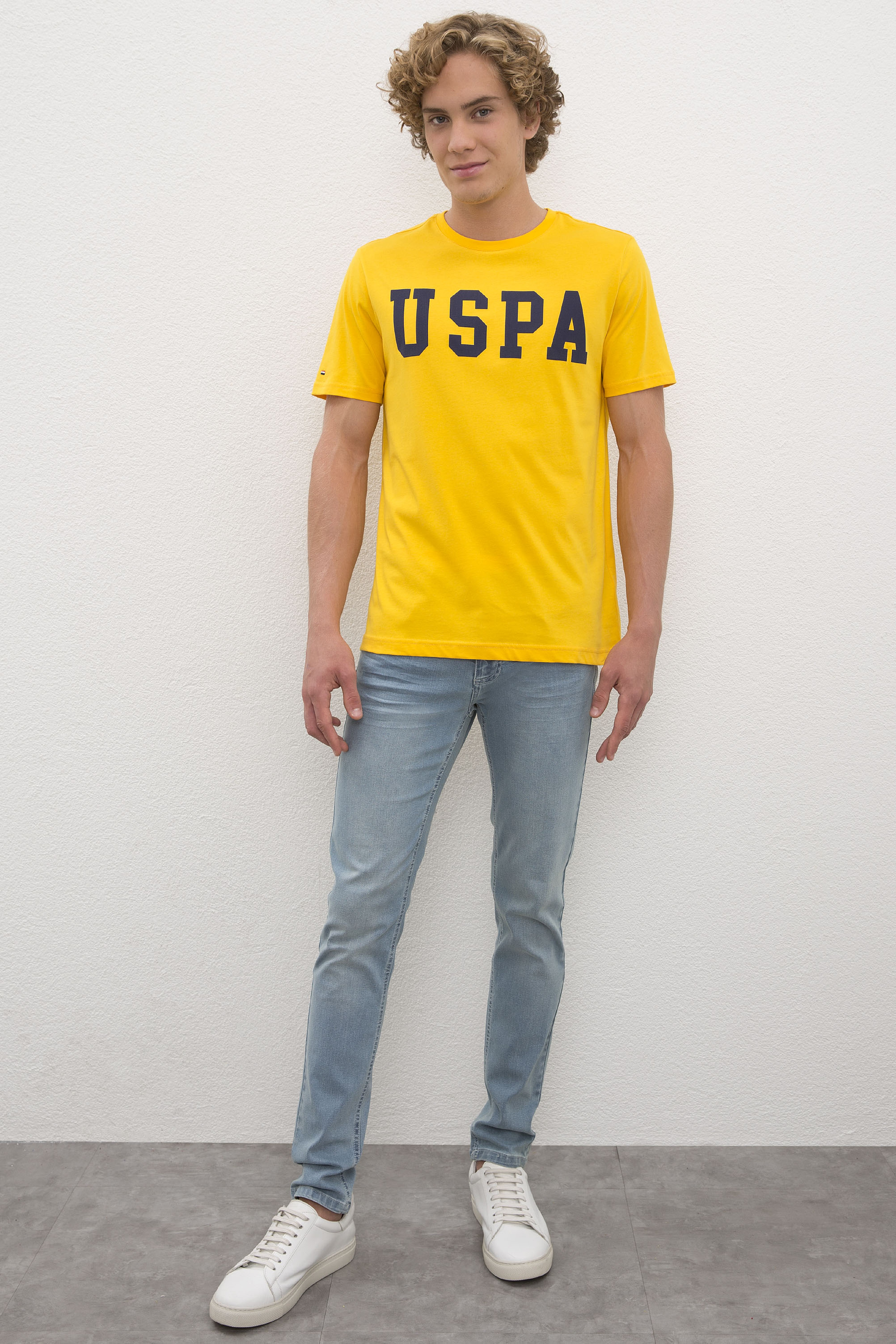 Erkek Koyu Sarı  Bisiklet Yaka T-Shirt Basic - Image 4