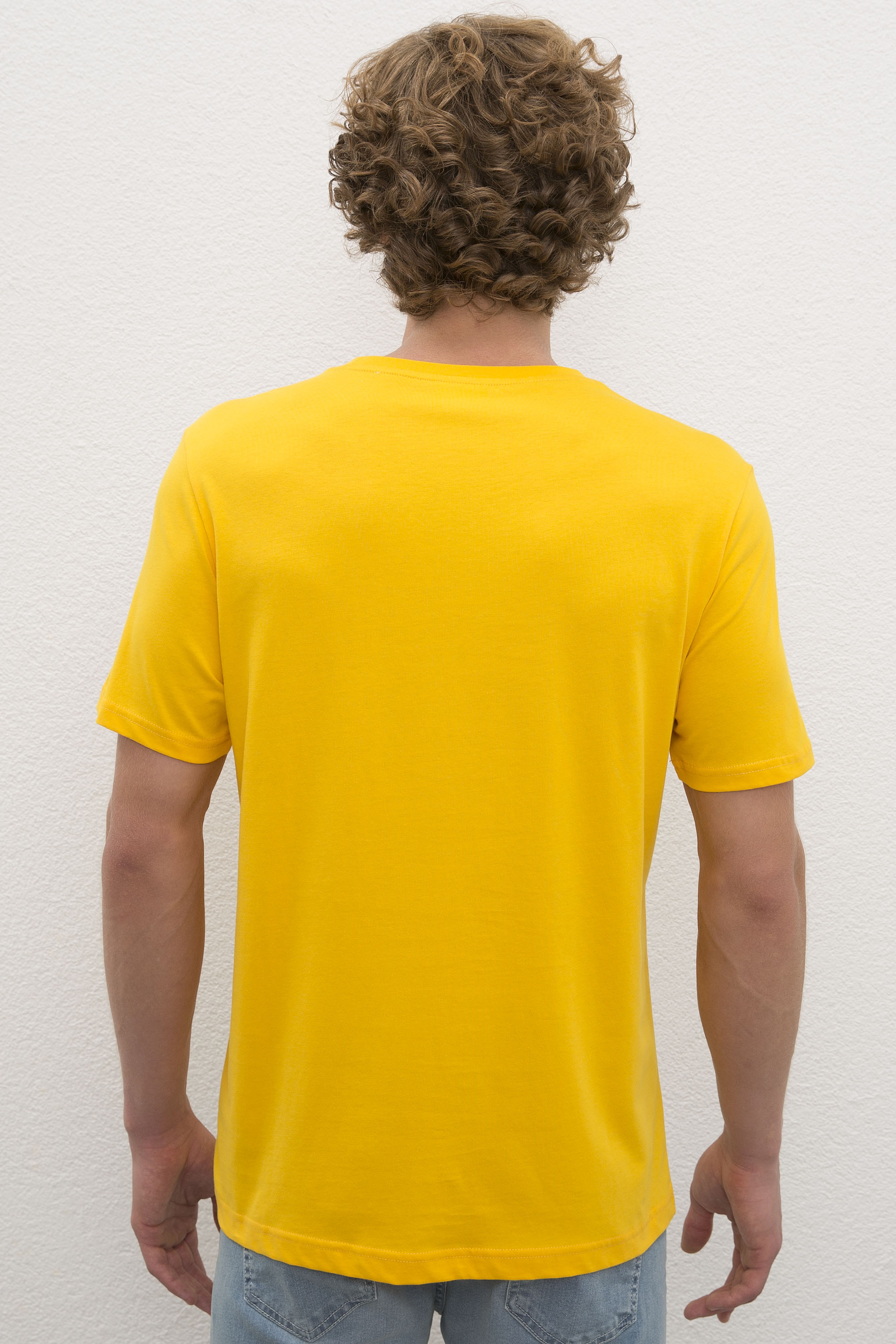 Erkek Koyu Sarı  Bisiklet Yaka T-Shirt Basic - Image 3
