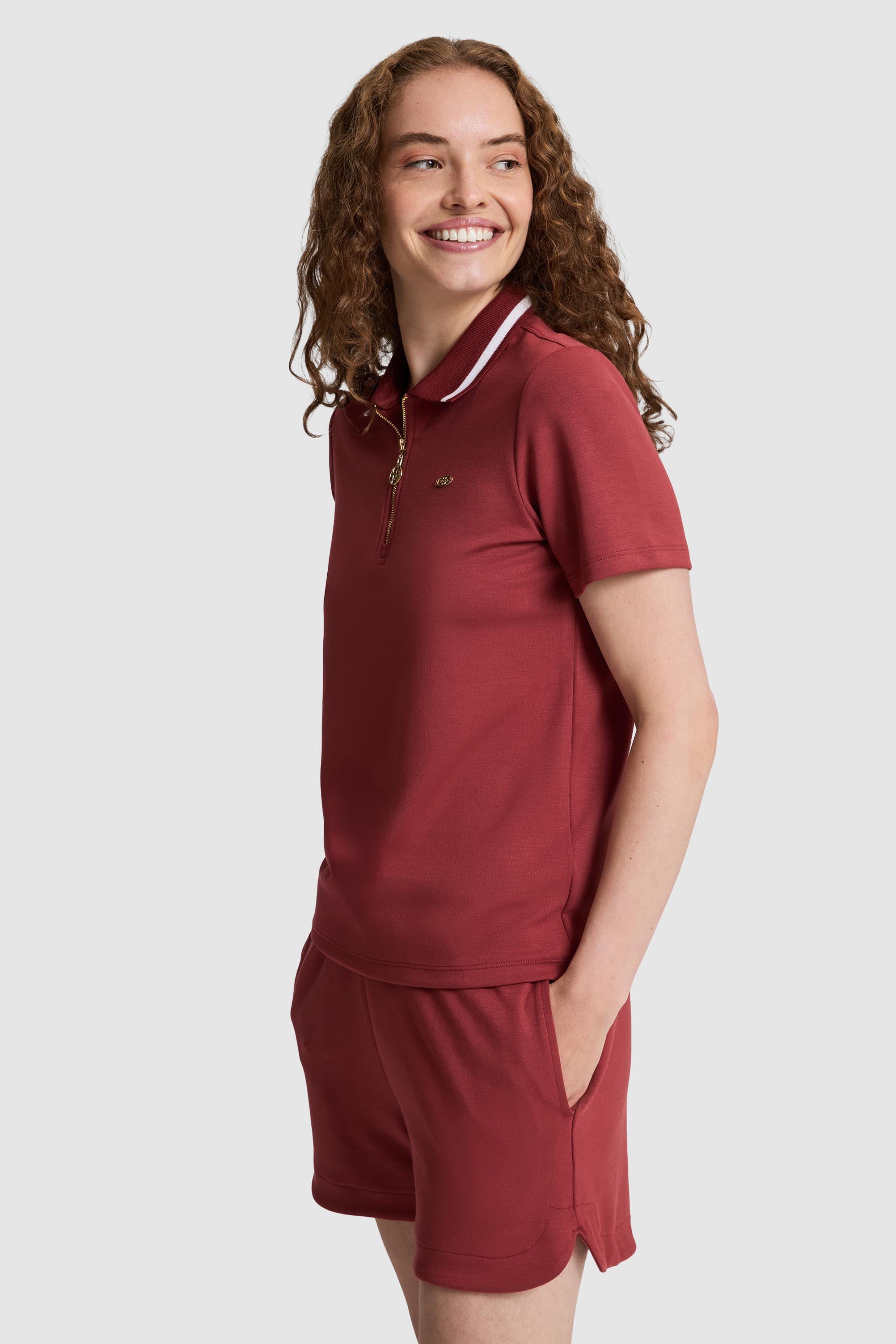 Kadın Polo Yaka Yarım Fermuarlı Vişne Tişört - 50323481037