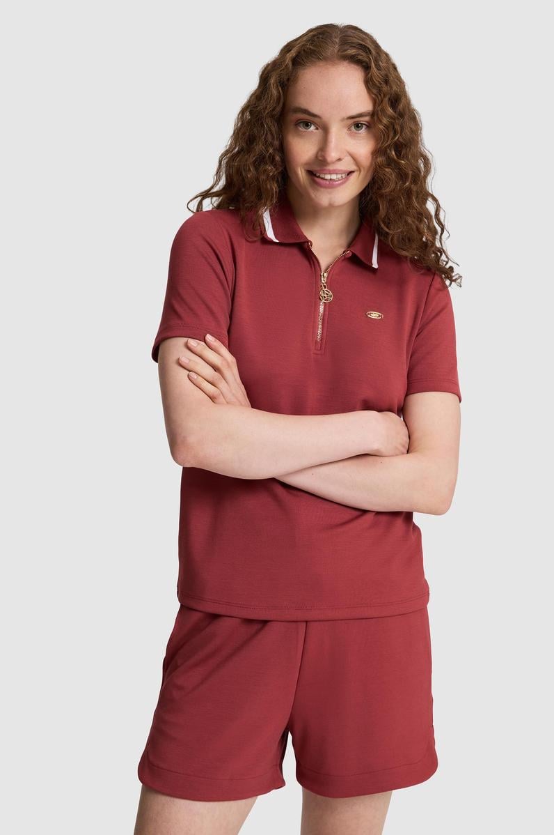 Kadın Polo Yaka Yarım Fermuarlı Vişne Tişört