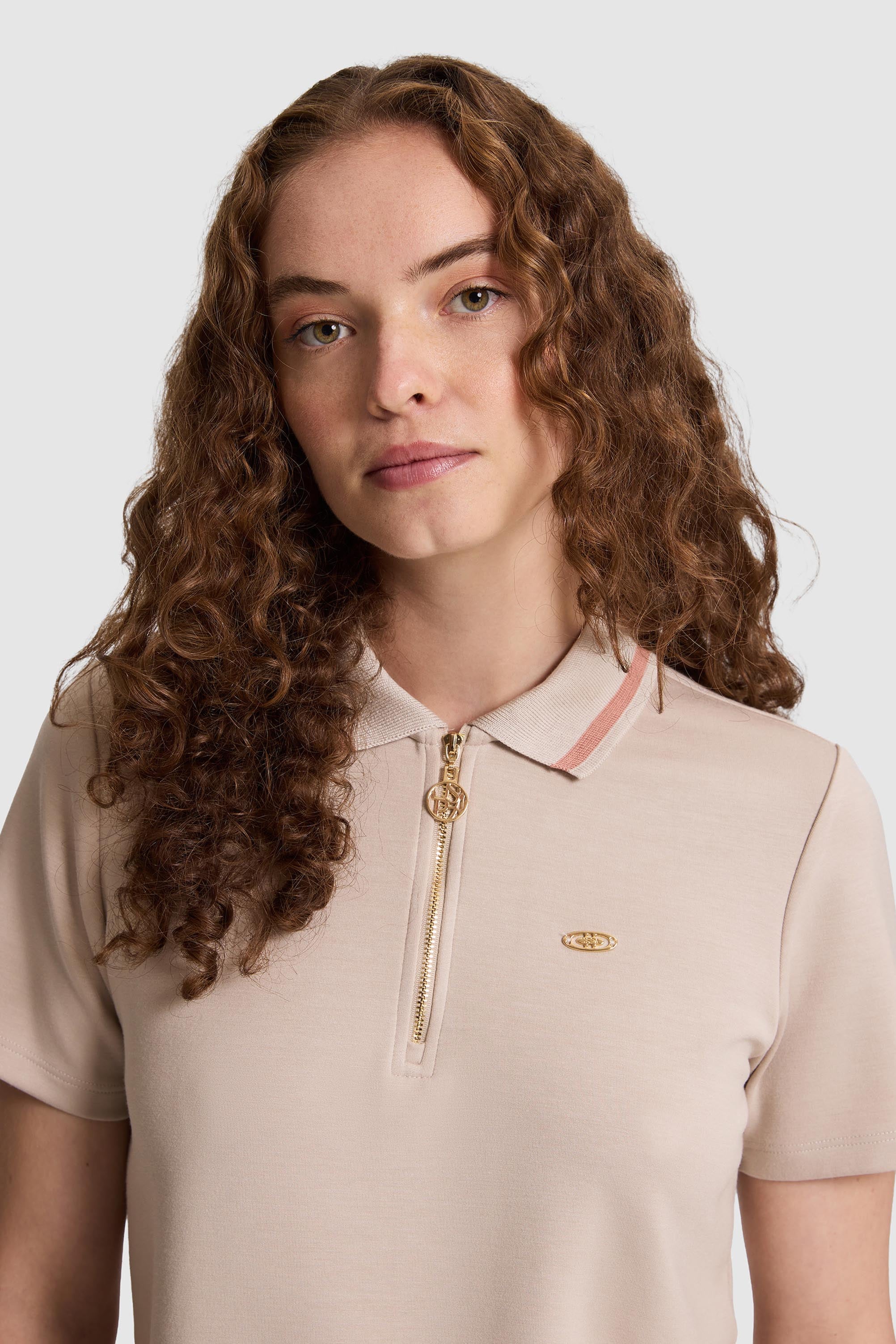 Kadın Polo Yaka Yarım Fermuarlı Taş Tişört - 50323481026