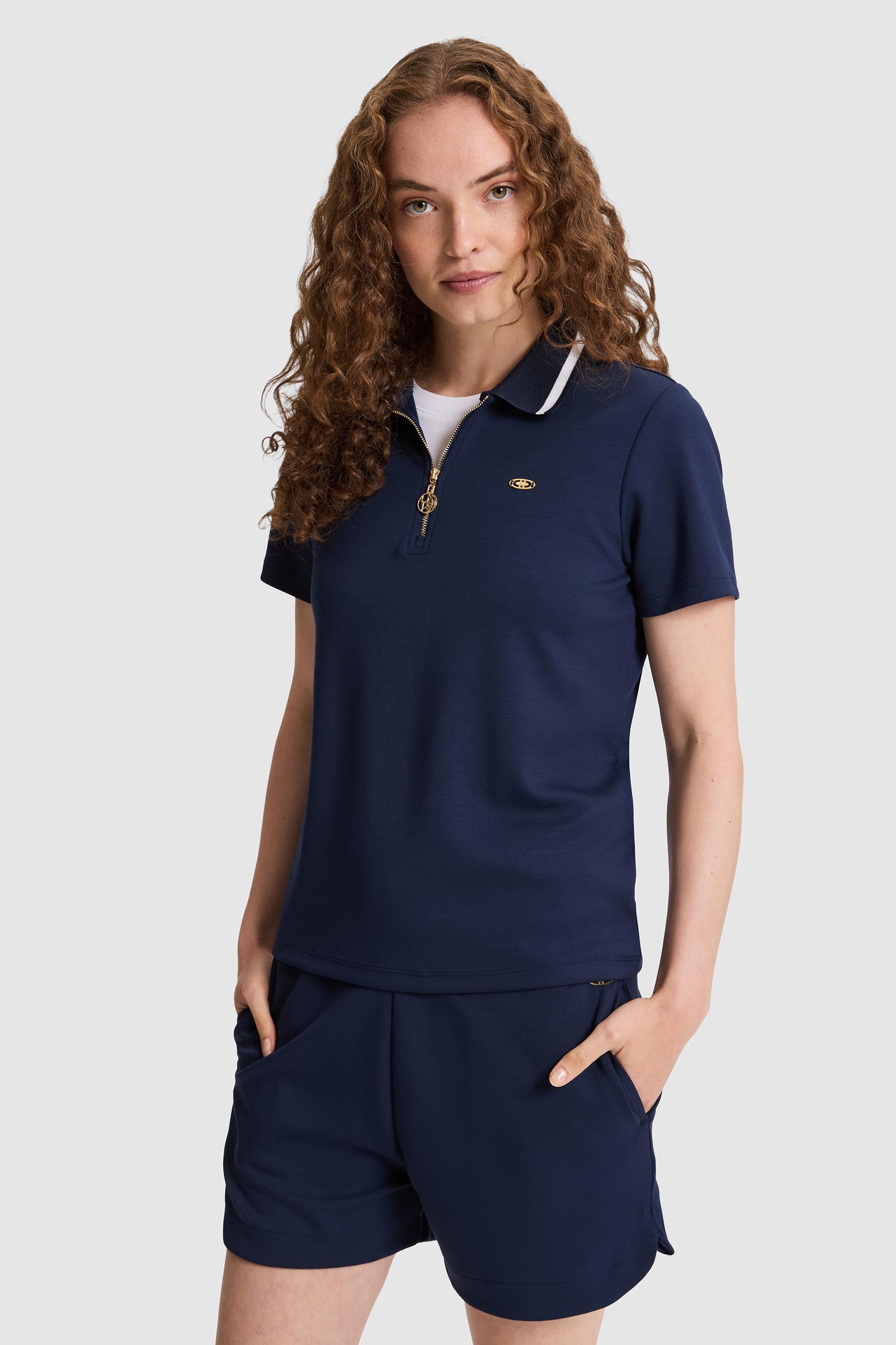 Kadın Polo Yaka Yarım Fermuarlı Lacivert Tişört - 50323481014