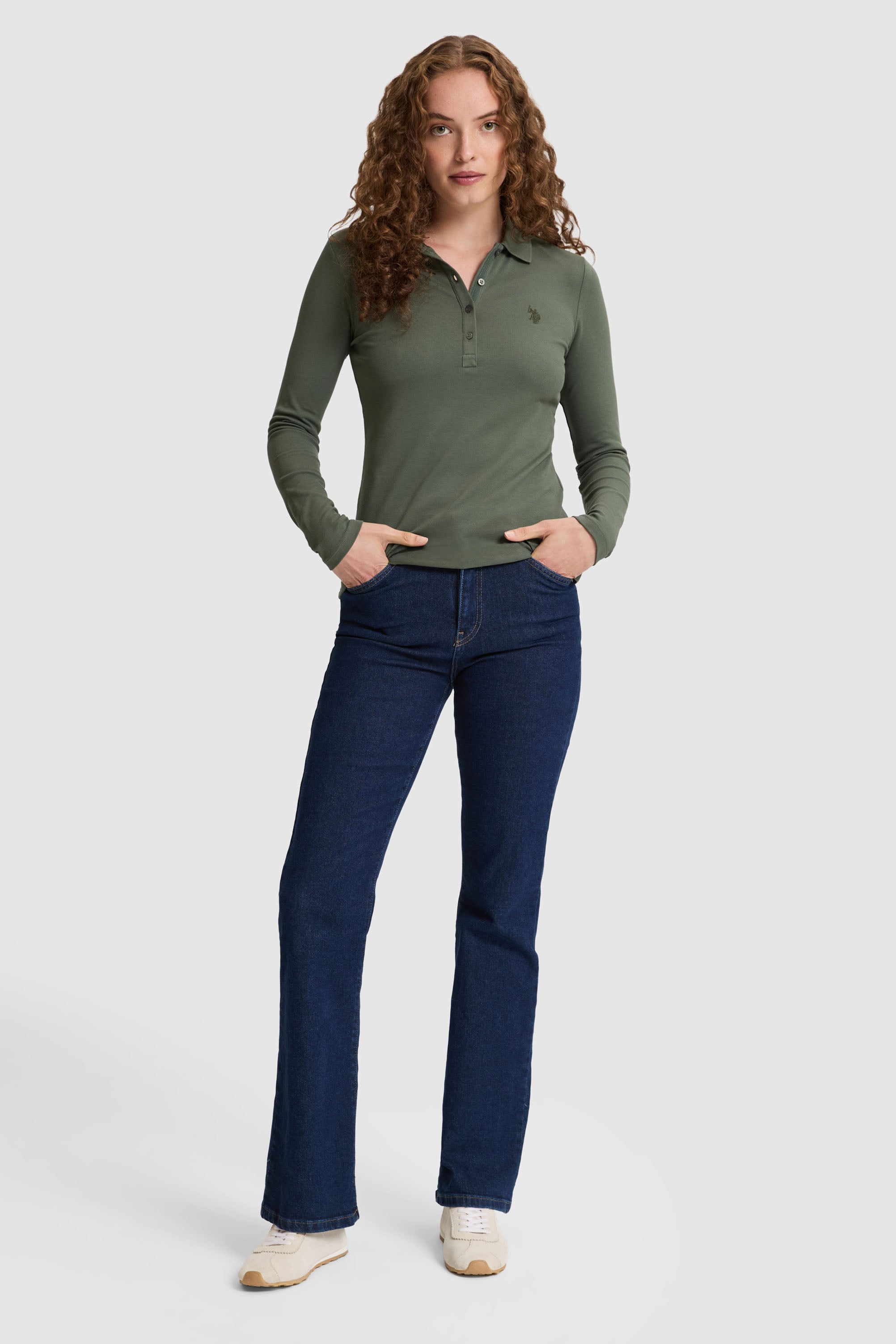 Kadın Yeşil Polo Yaka Basic Sweatshirt