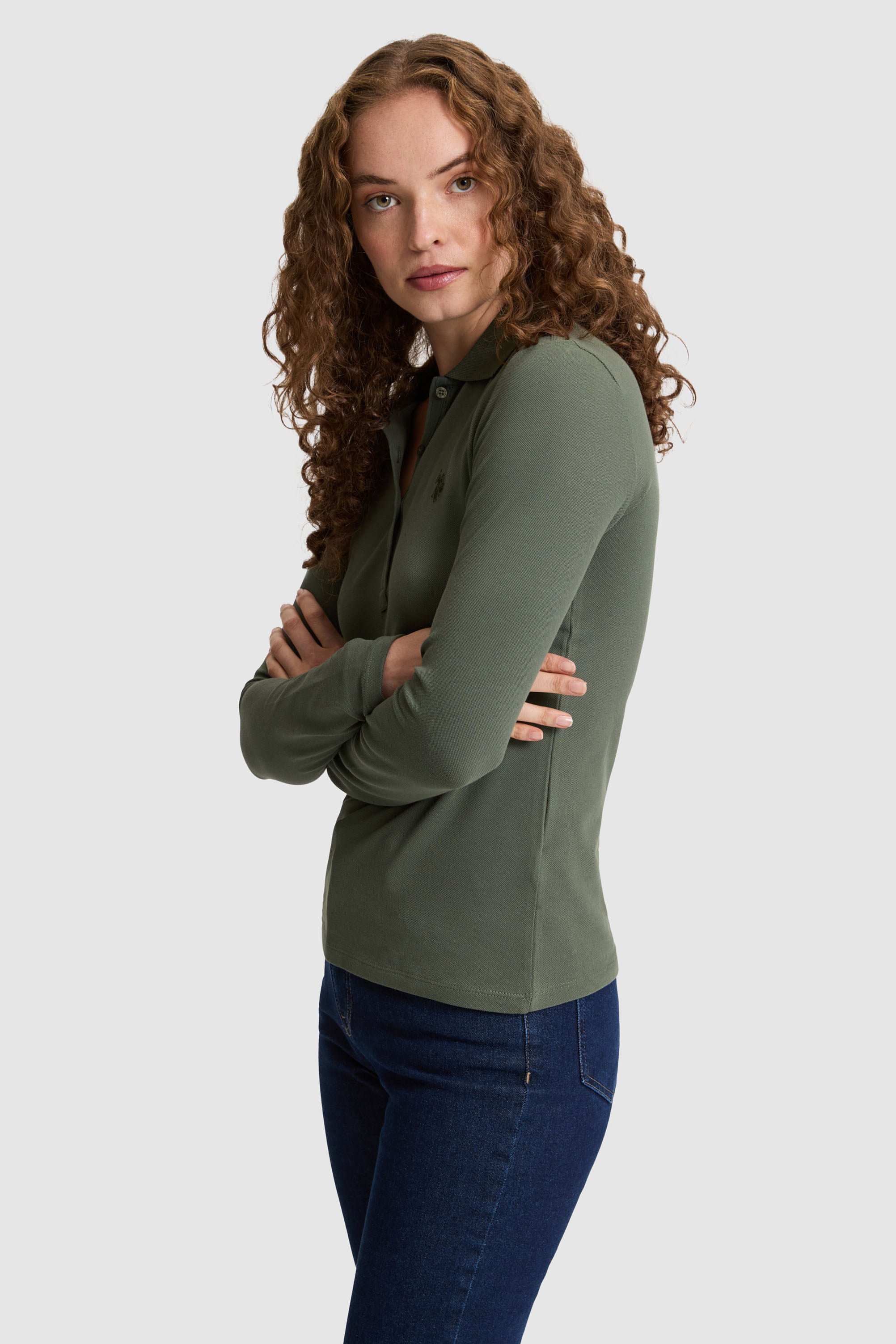 Kadın Yeşil Polo Yaka Basic Sweatshirt