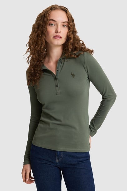 Kadın Yeşil Polo Yaka Basic Sweatshirt