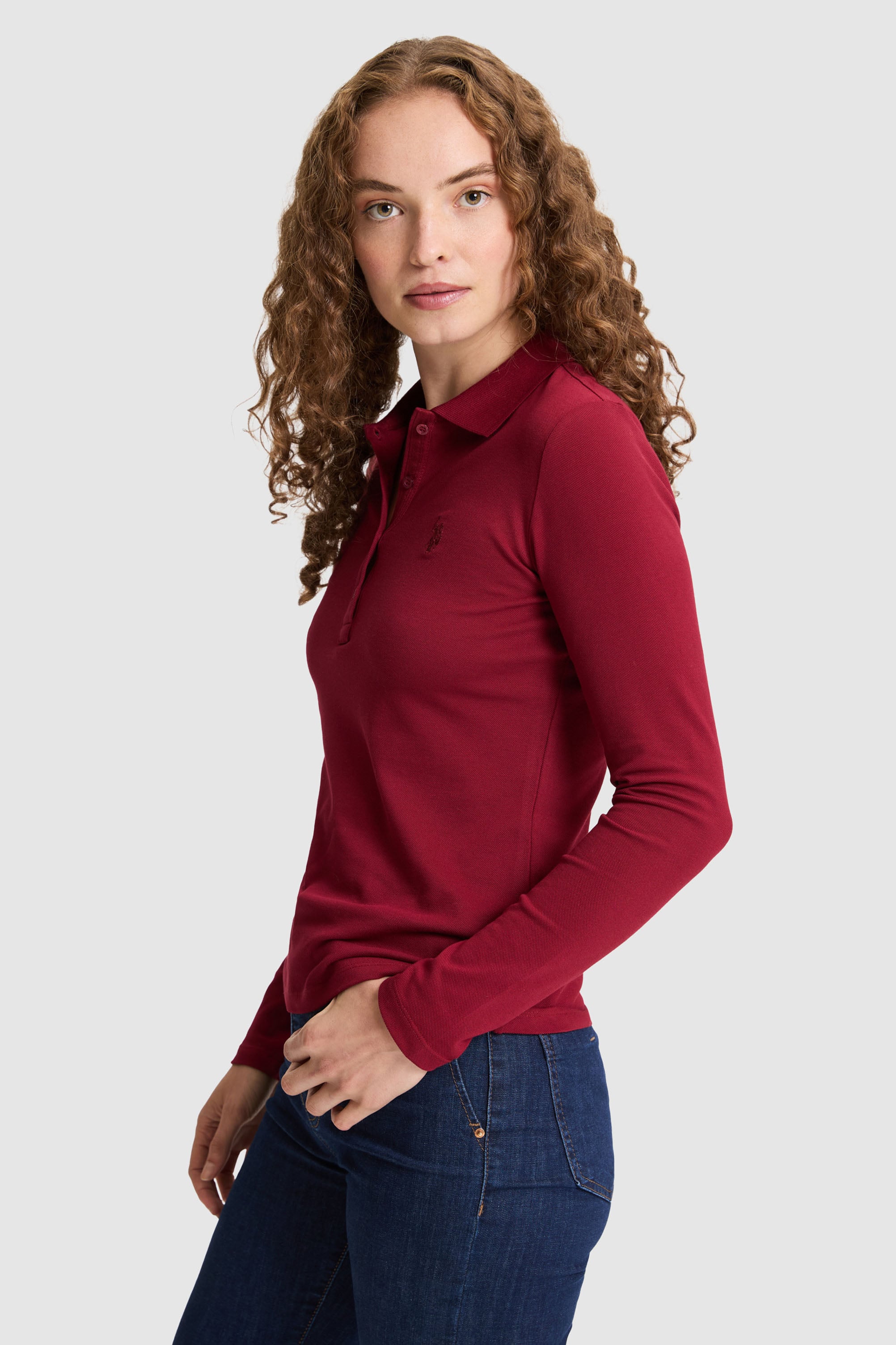 Kadın Bordo Polo Yaka Basic Sweatshirt