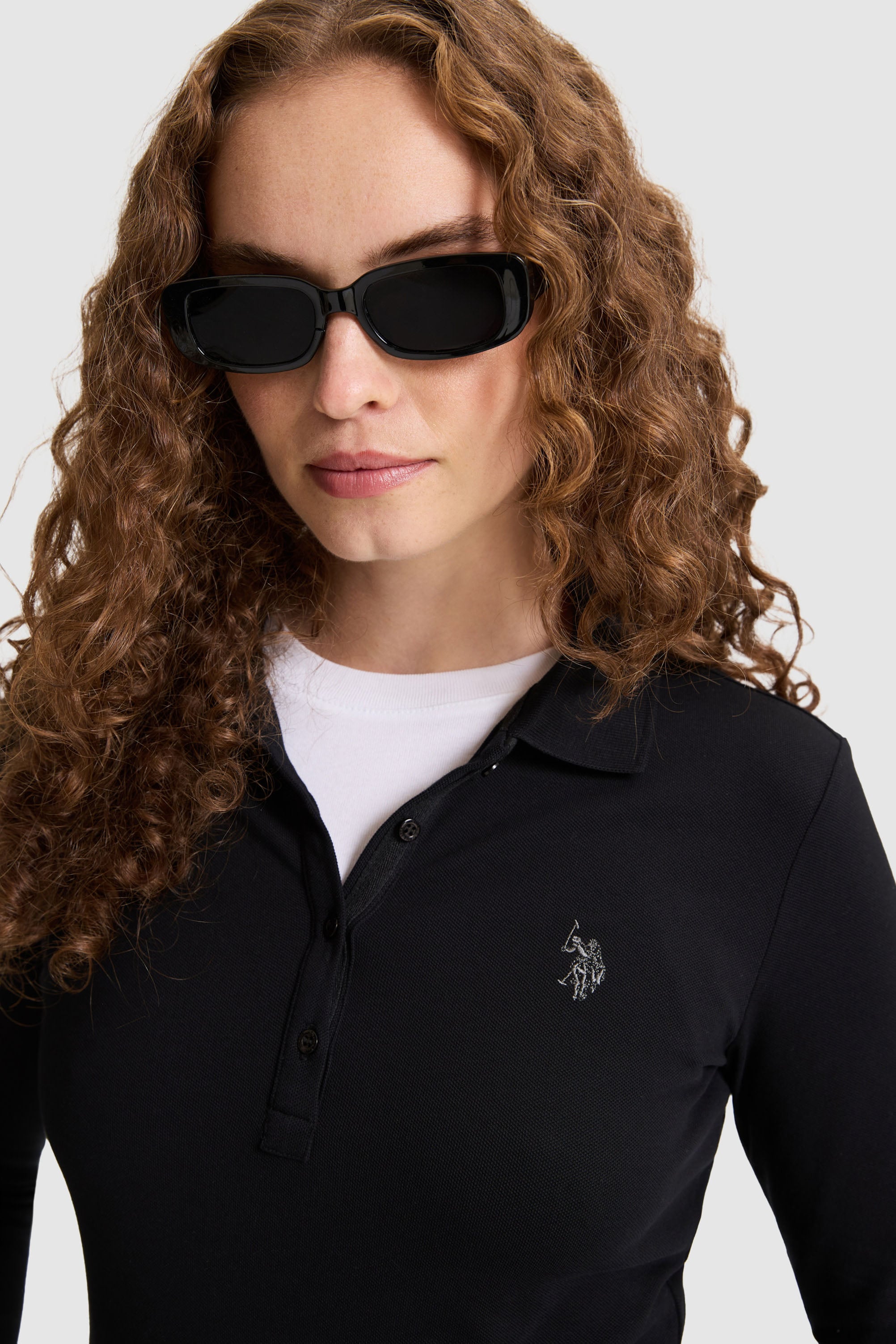 Kadın Siyah Polo Yaka Basic Sweatshirt