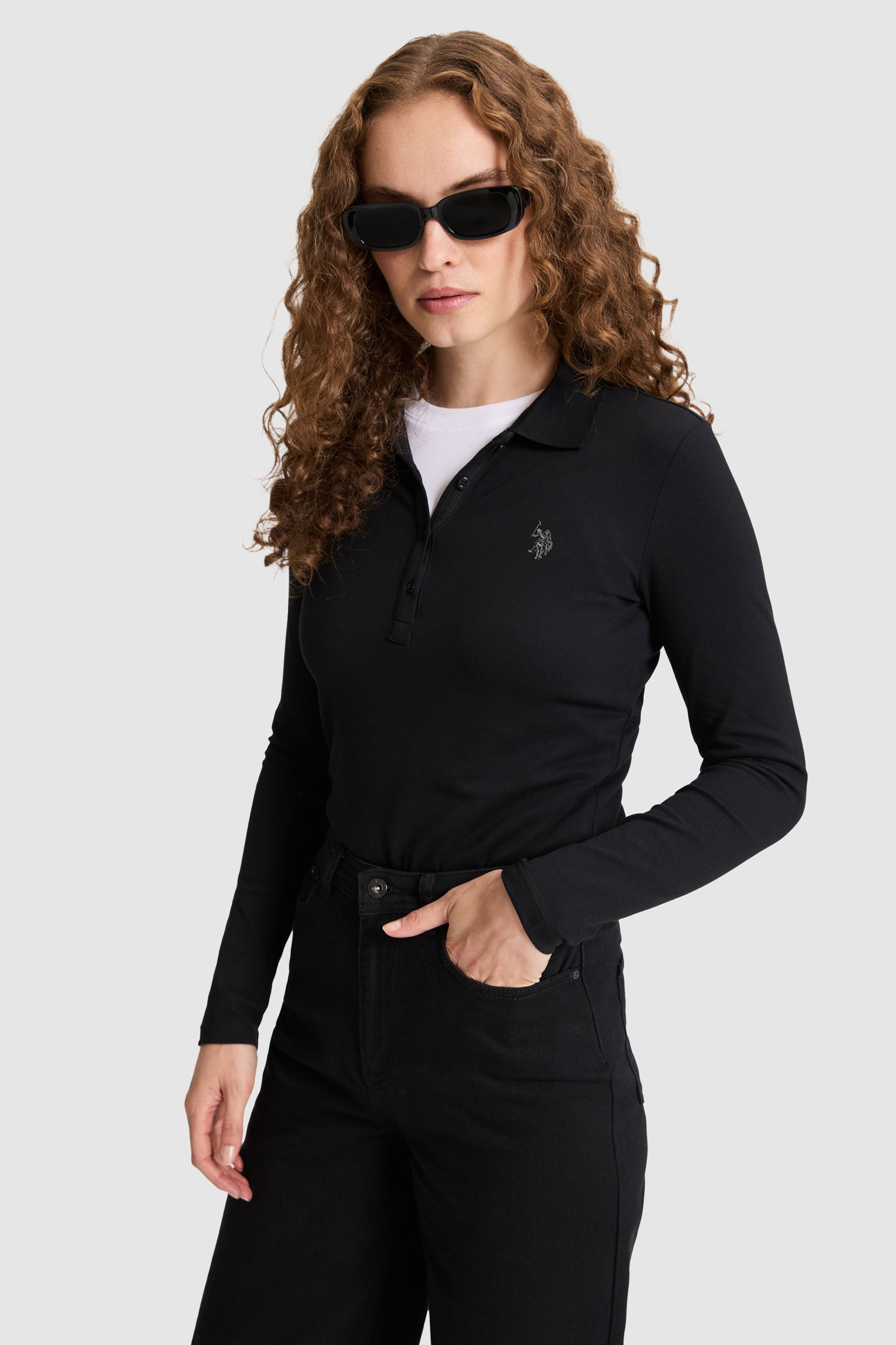 Kadın Siyah Polo Yaka Basic Sweatshirt