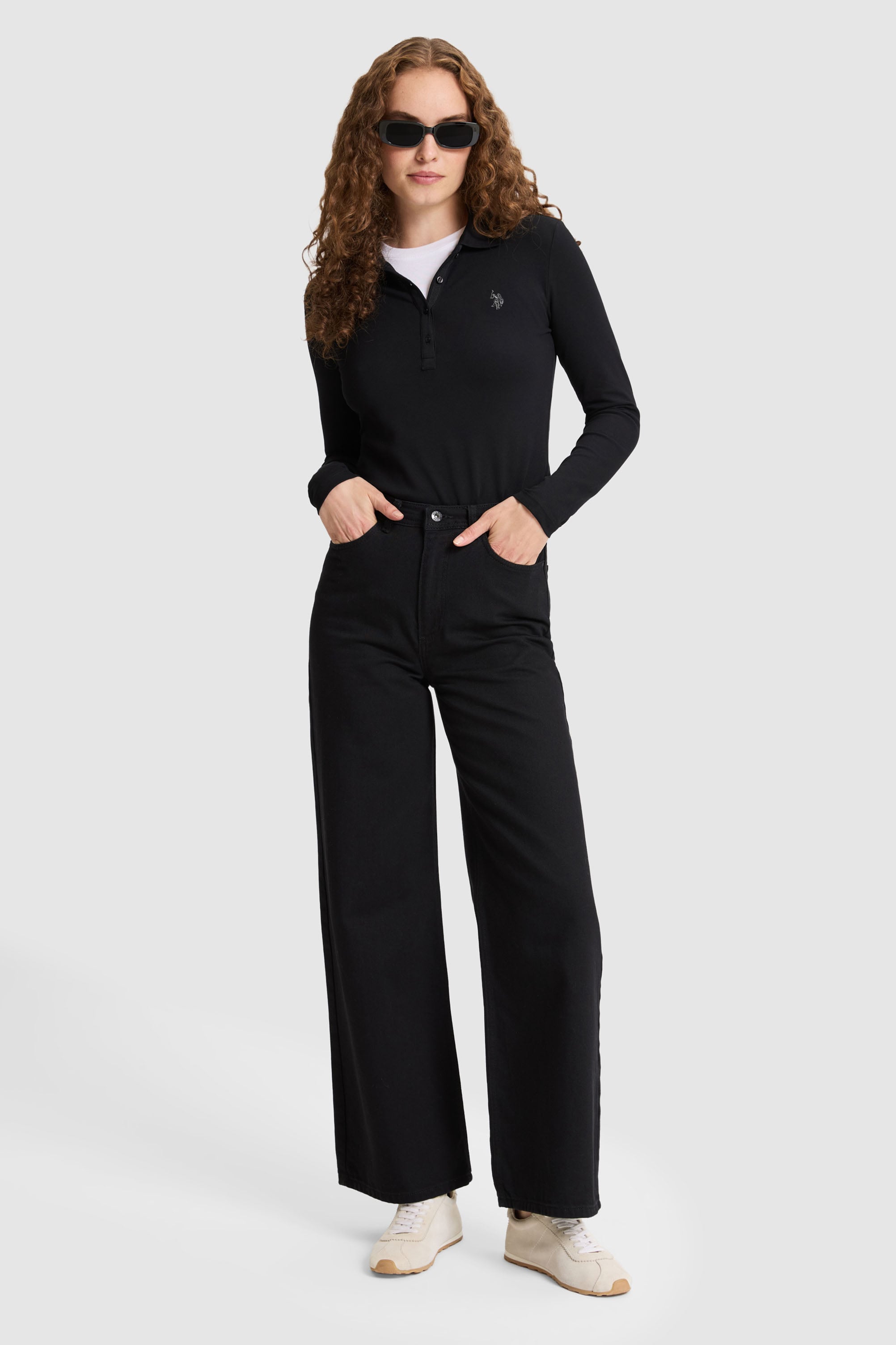 Kadın Siyah Polo Yaka Basic Sweatshirt