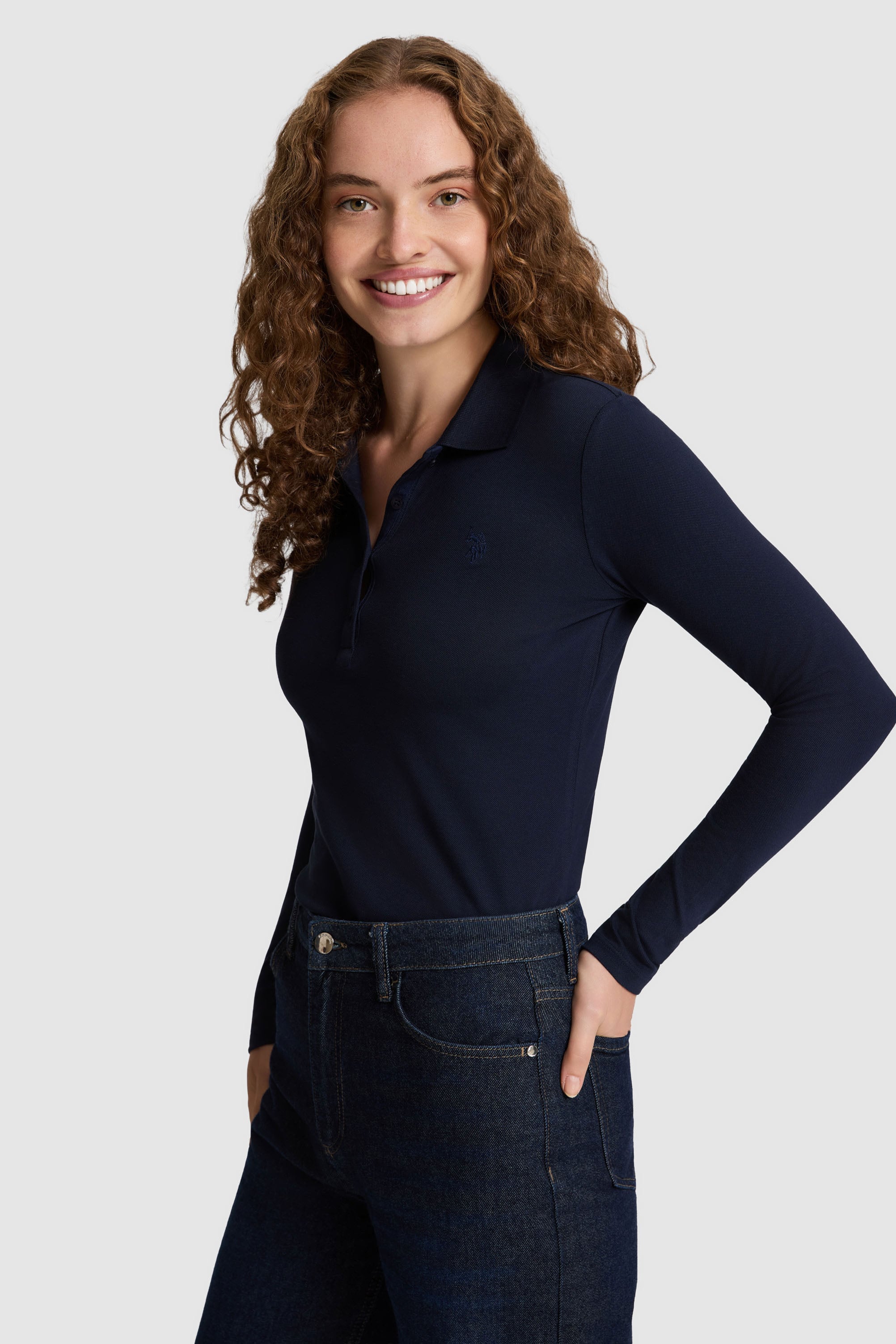 Kadın Lacivert Polo Yaka Basic Sweatshirt - Image 3