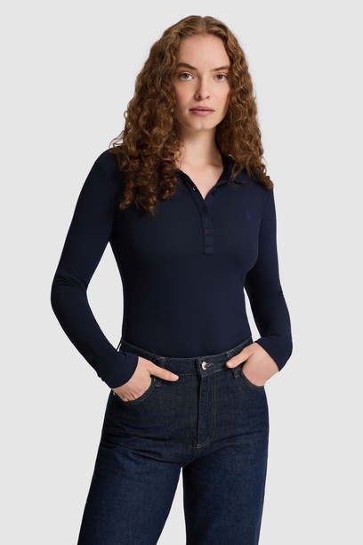 Kadın Lacivert Polo Yaka Basic Sweatshirt