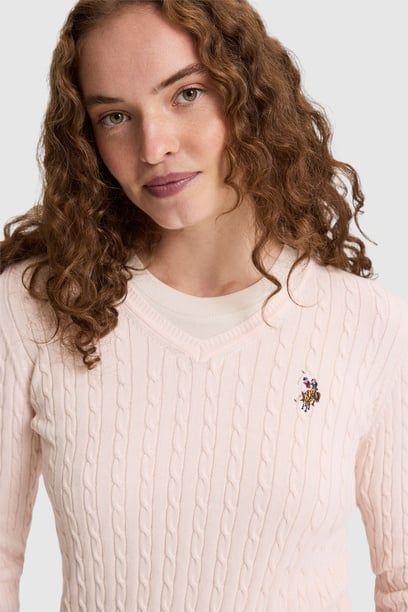 Kadın Toz Pembe V Yaka Basic Kazak