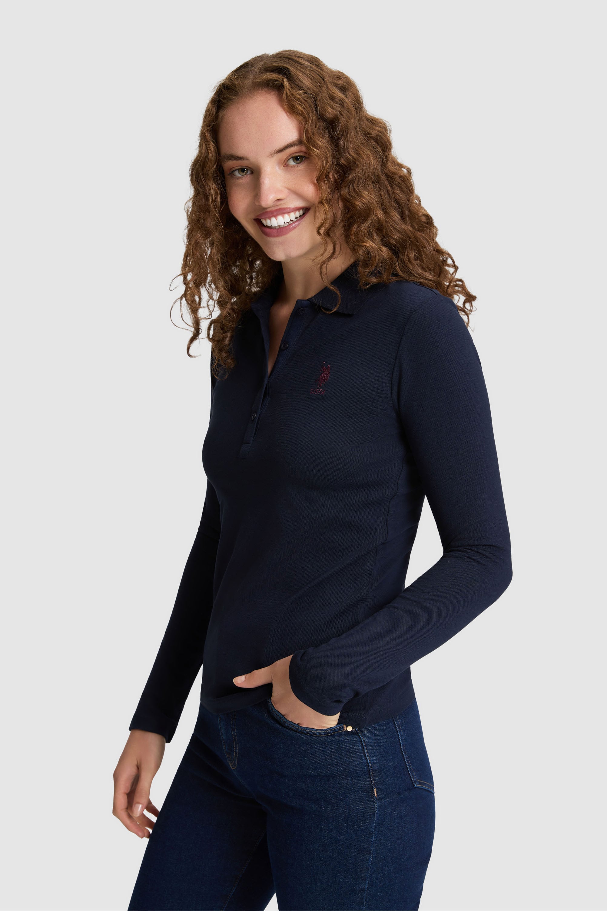 Kadın Lacivert Polo Yaka Basic Sweatshirt - Image 3