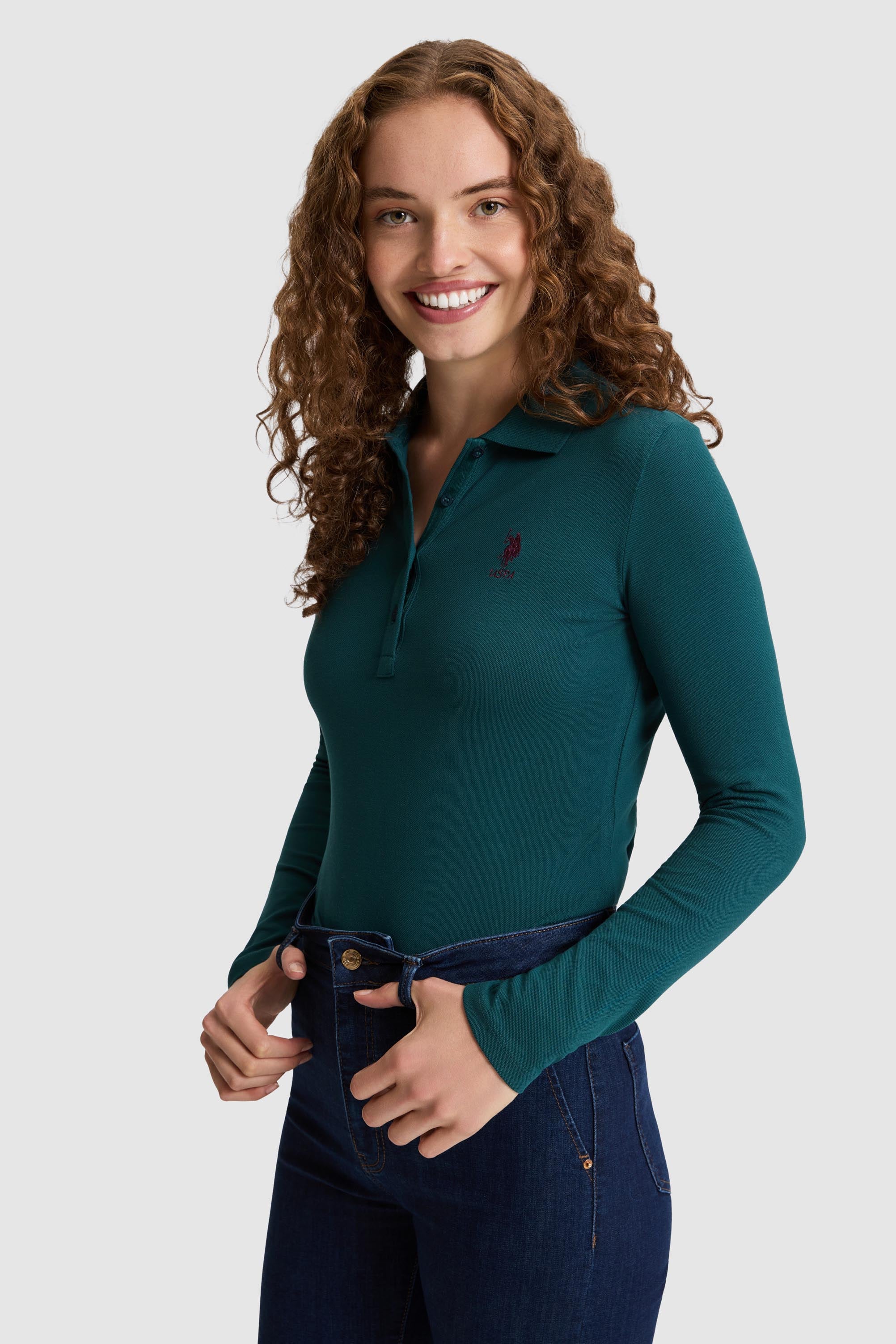 Kadın Yeşil Polo Yaka Basic Sweatshirt - Image 3