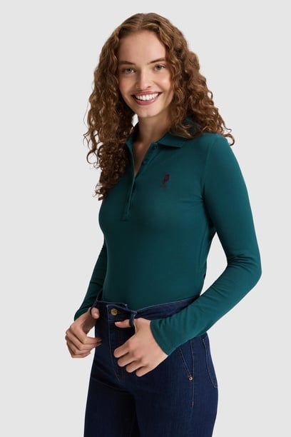 Kadın Yeşil Polo Yaka Basic Sweatshirt