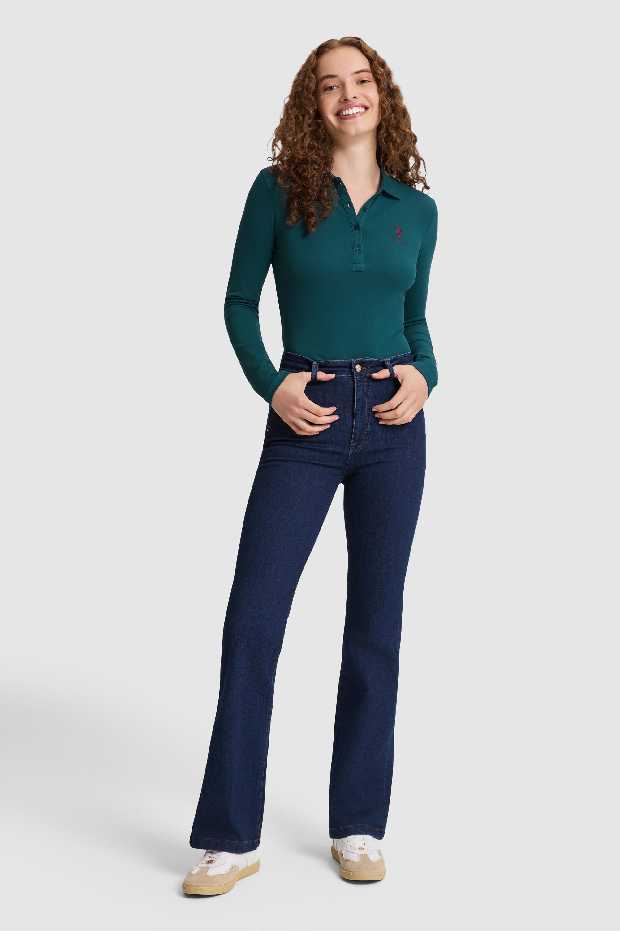 Kadın Yeşil Polo Yaka Basic Sweatshirt - Image 4