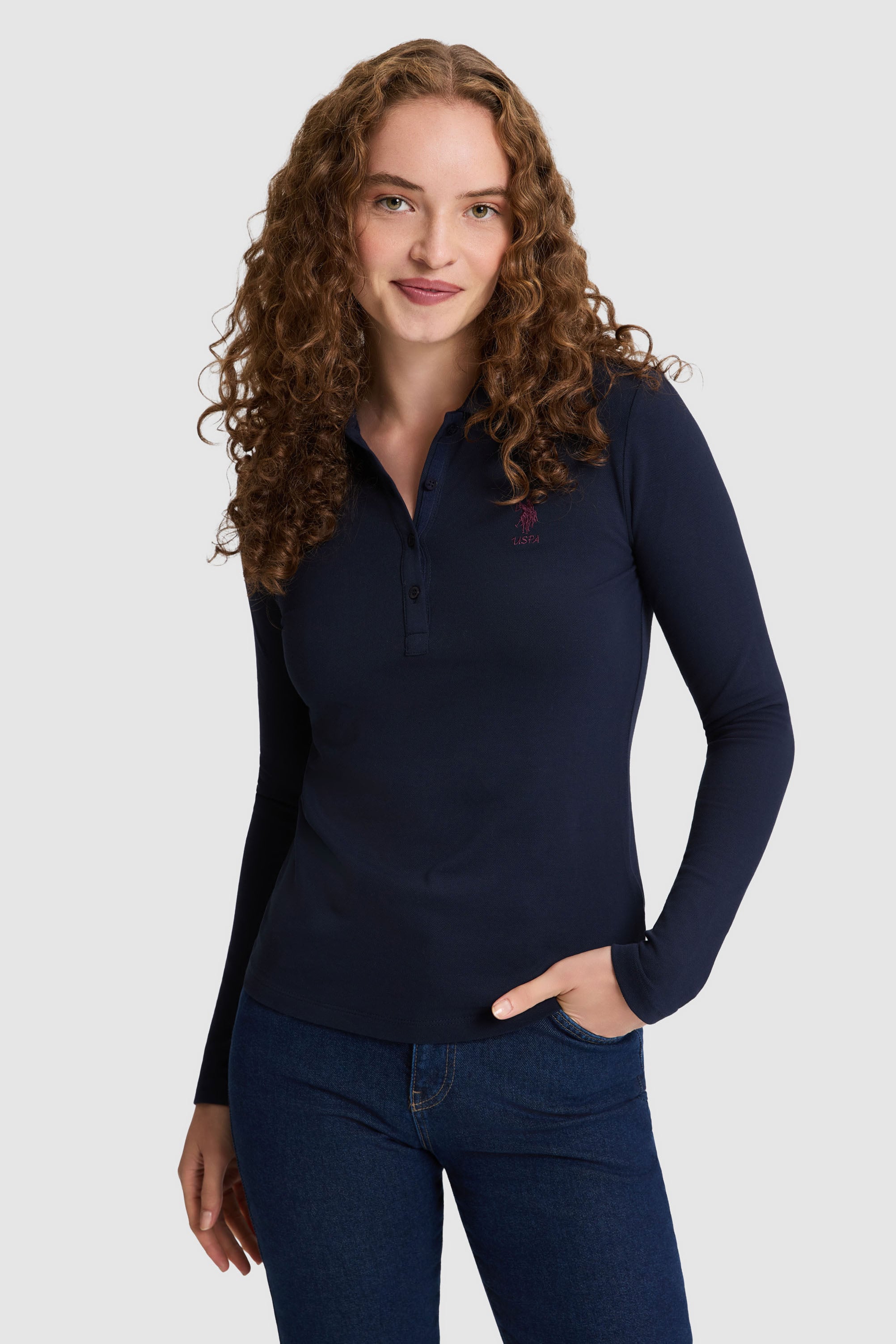 Kadın Lacivert Polo Yaka Basic Sweatshirt