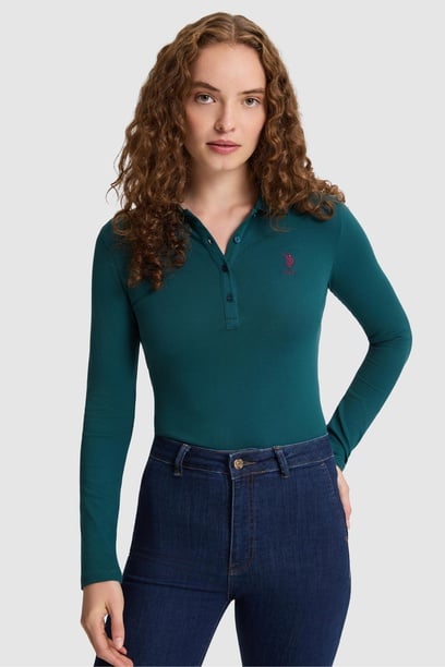 Kadın Yeşil Polo Yaka Basic Sweatshirt