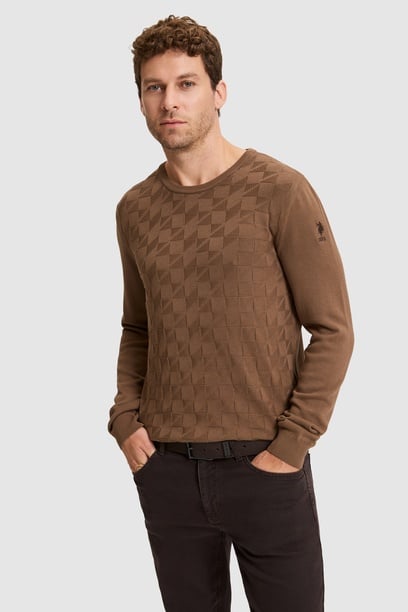 Erkek Koyu Kahverengi Bisiklet Yaka Slim Fit Basic Kazak