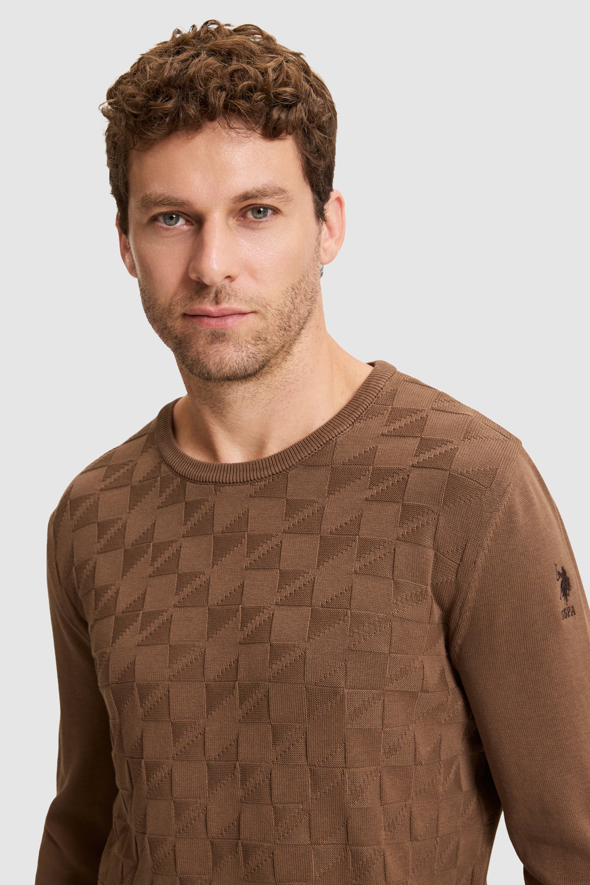 Erkek Koyu Kahverengi Bisiklet Yaka Slim Fit Basic Kazak