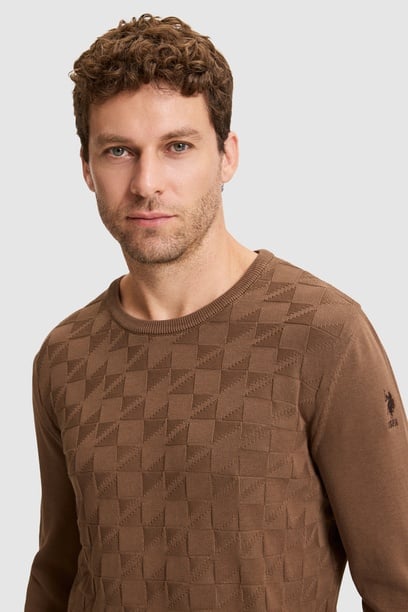 Erkek Koyu Kahverengi Bisiklet Yaka Slim Fit Basic Kazak