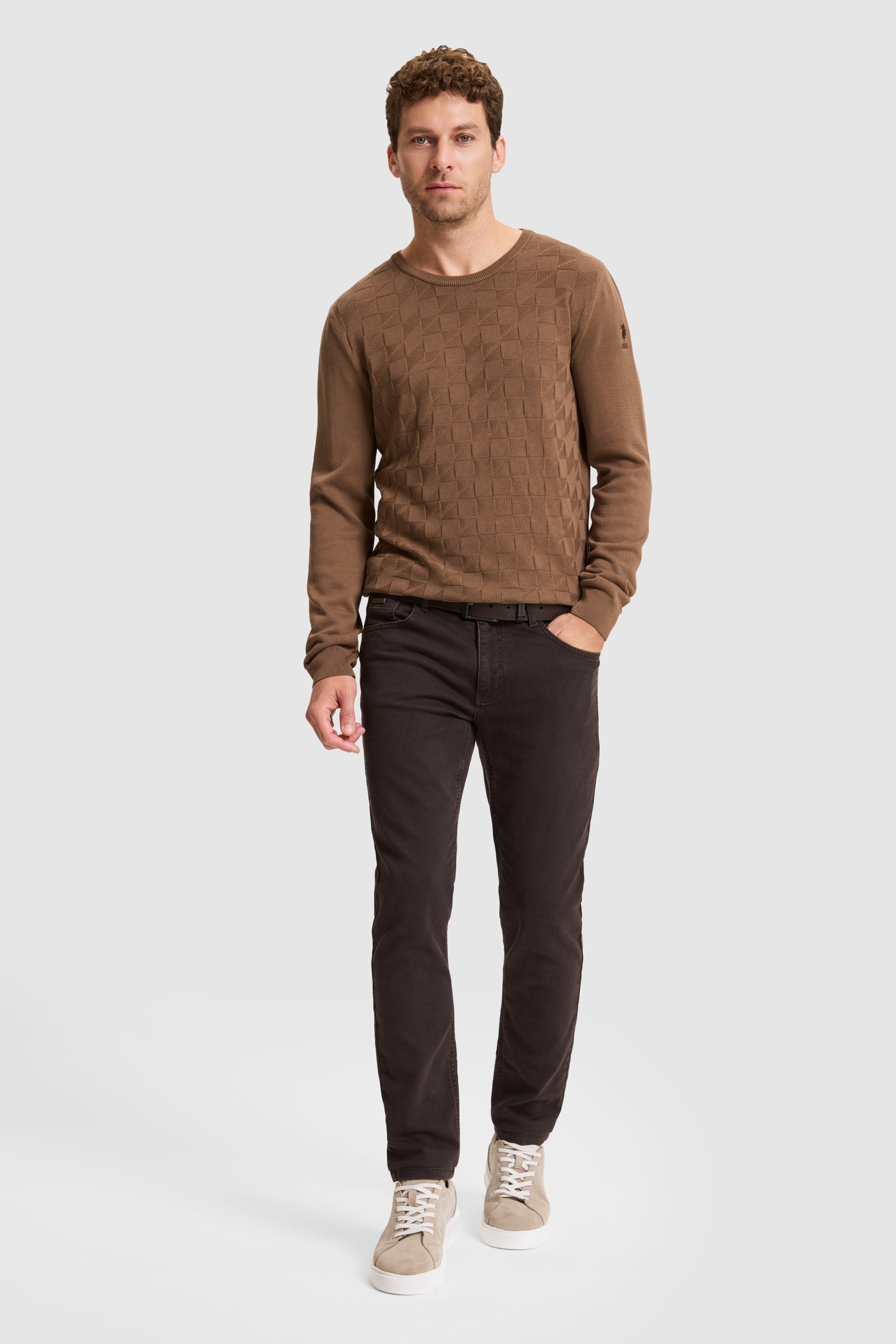 Erkek Koyu Kahverengi Bisiklet Yaka Slim Fit Basic Kazak