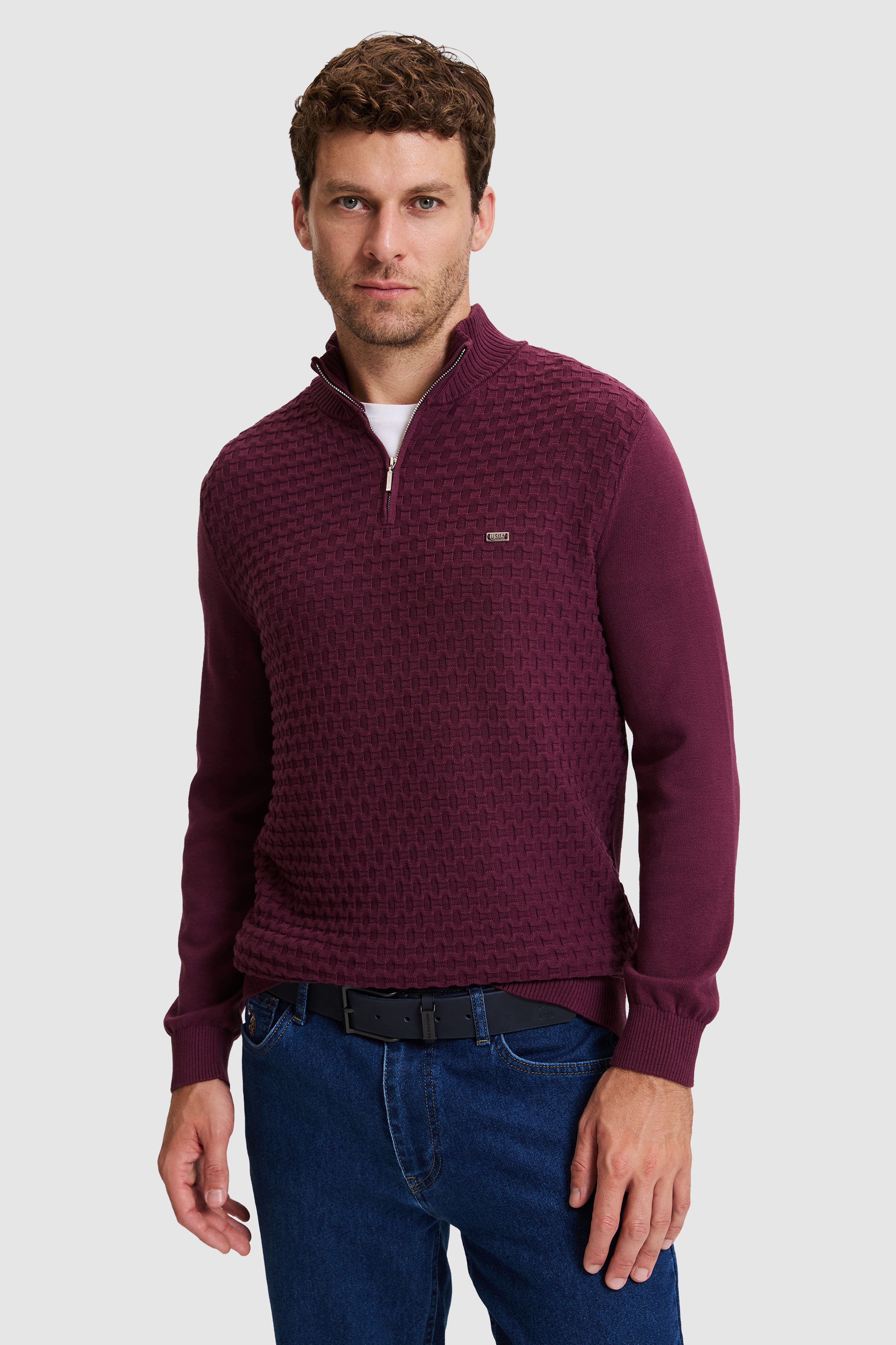 Erkek Bordo Yarım Fermuarlı Regular Fit Kazak