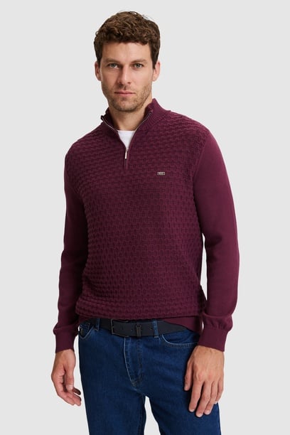 Erkek Bordo Yarım Fermuarlı Regular Fit Kazak