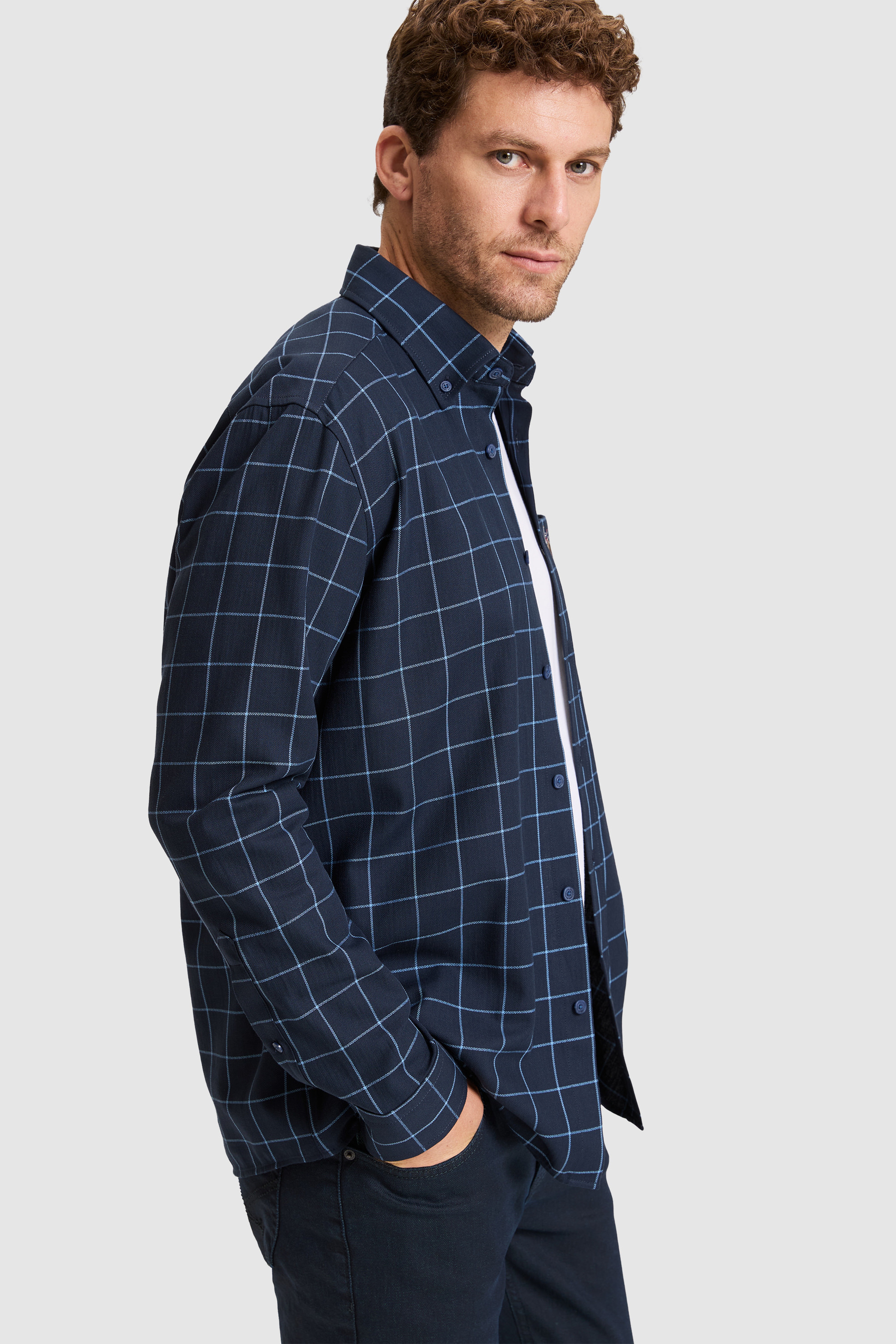 Erkek Lacivert Kareli Regular Fit Uzun Kollu Gömlek - Image 3
