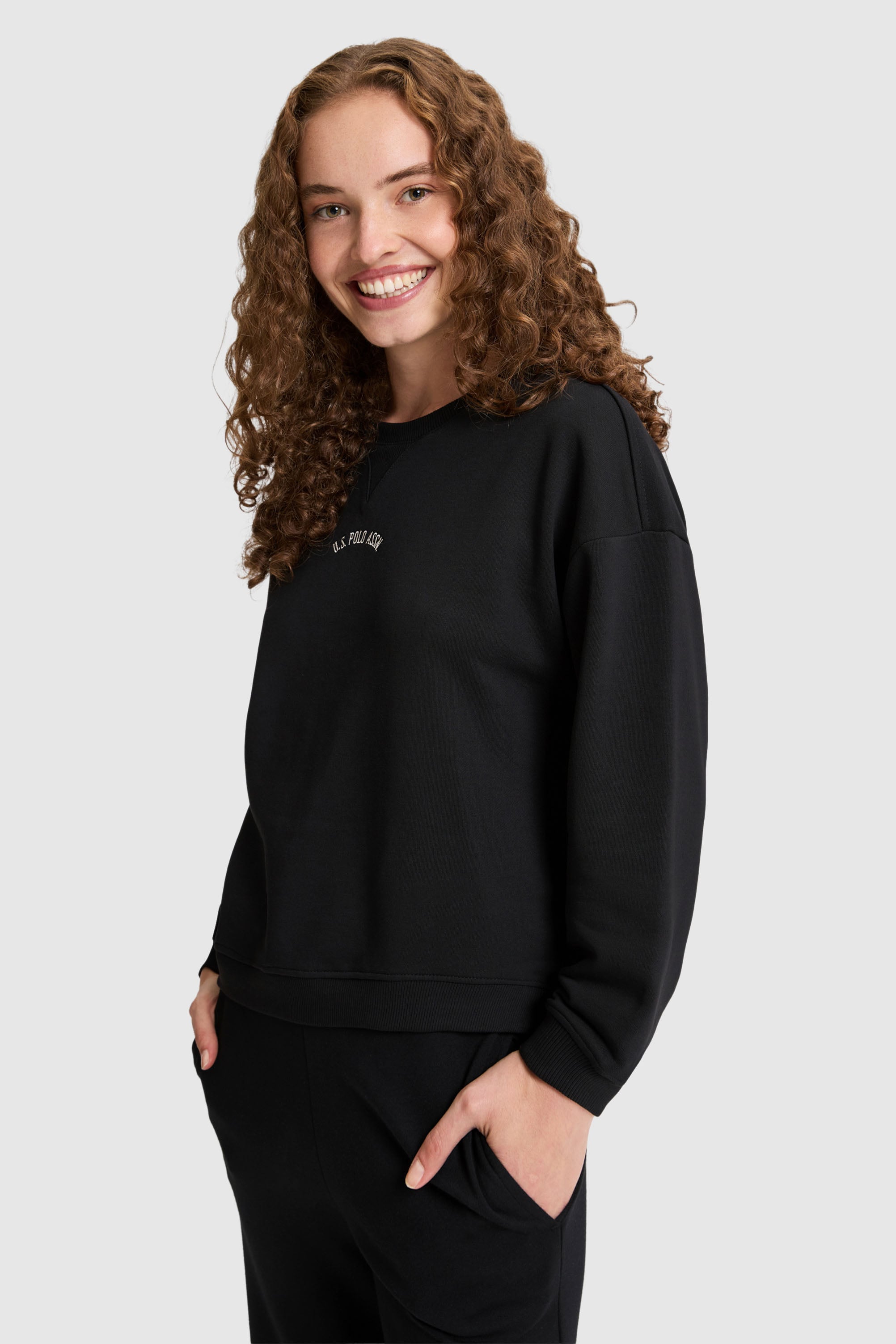 Kadın Siyah Bisiklet Yaka Sweatshirt - Image 3