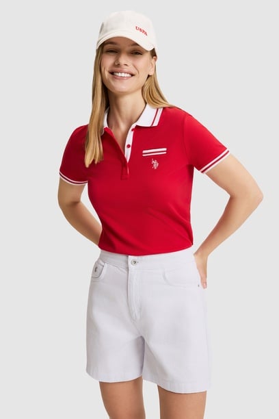 Kadın Kırmızı Polo Yaka Basic Tişört