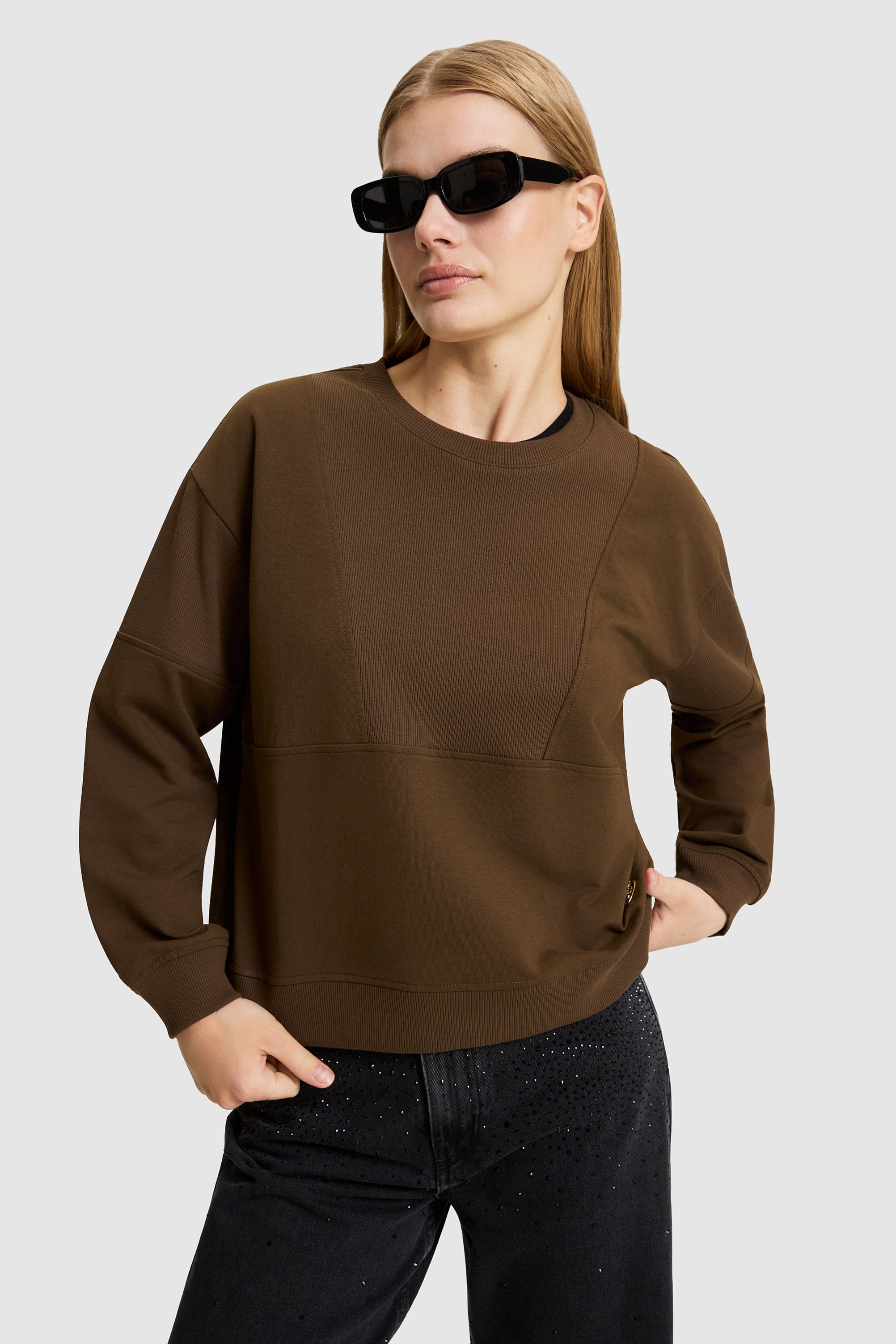 Kadın Kahverengi Bisiklet Yaka Sweatshirt